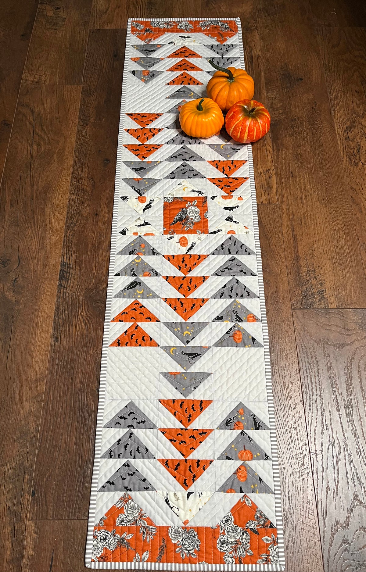 Halloween Table Runner - Handmade Quilted - Grey, Orange, Cream with Crows, Pumpkins, Stars (12.5x52)