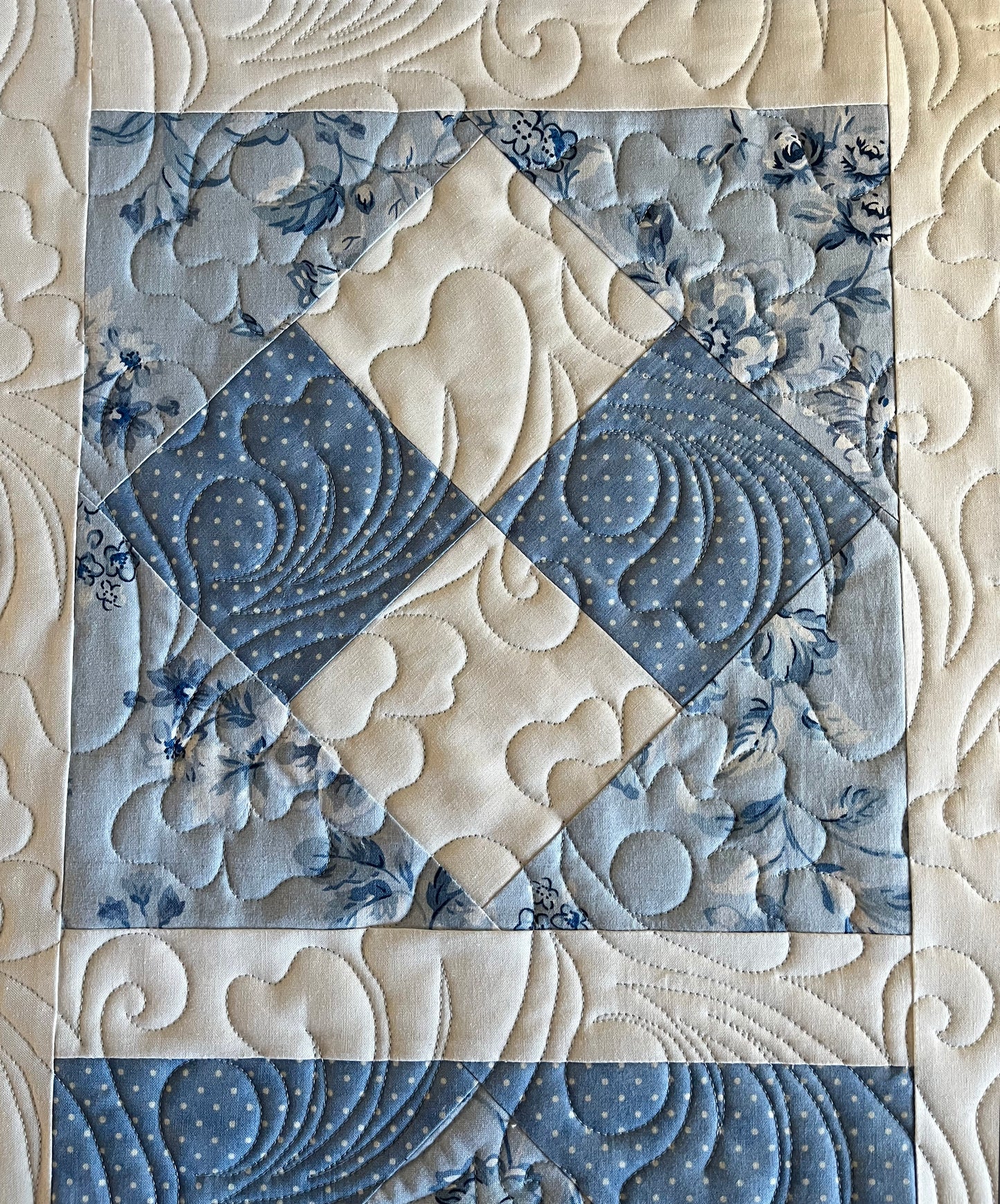 Handmade Baby Girl Quilt - Pretty Blues (40x40) Quilted Flowers and Feathers - Free Handmade Matching Gift Bag - Ready to Ship!