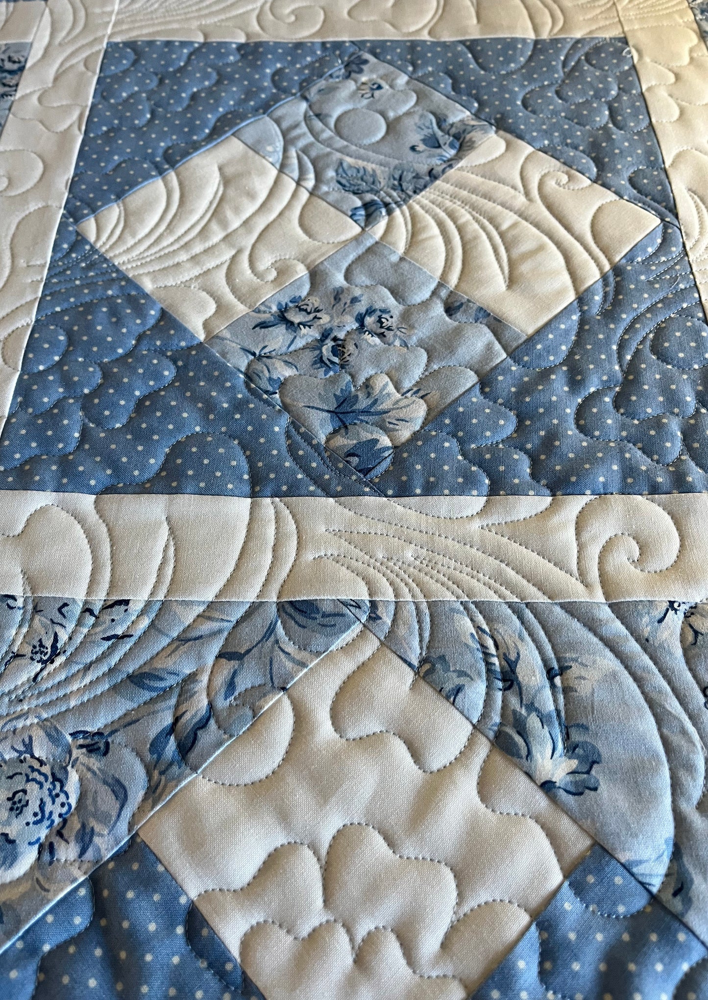 Handmade Baby Girl Quilt - Pretty Blues (40x40) Quilted Flowers and Feathers - Free Handmade Matching Gift Bag - Ready to Ship!