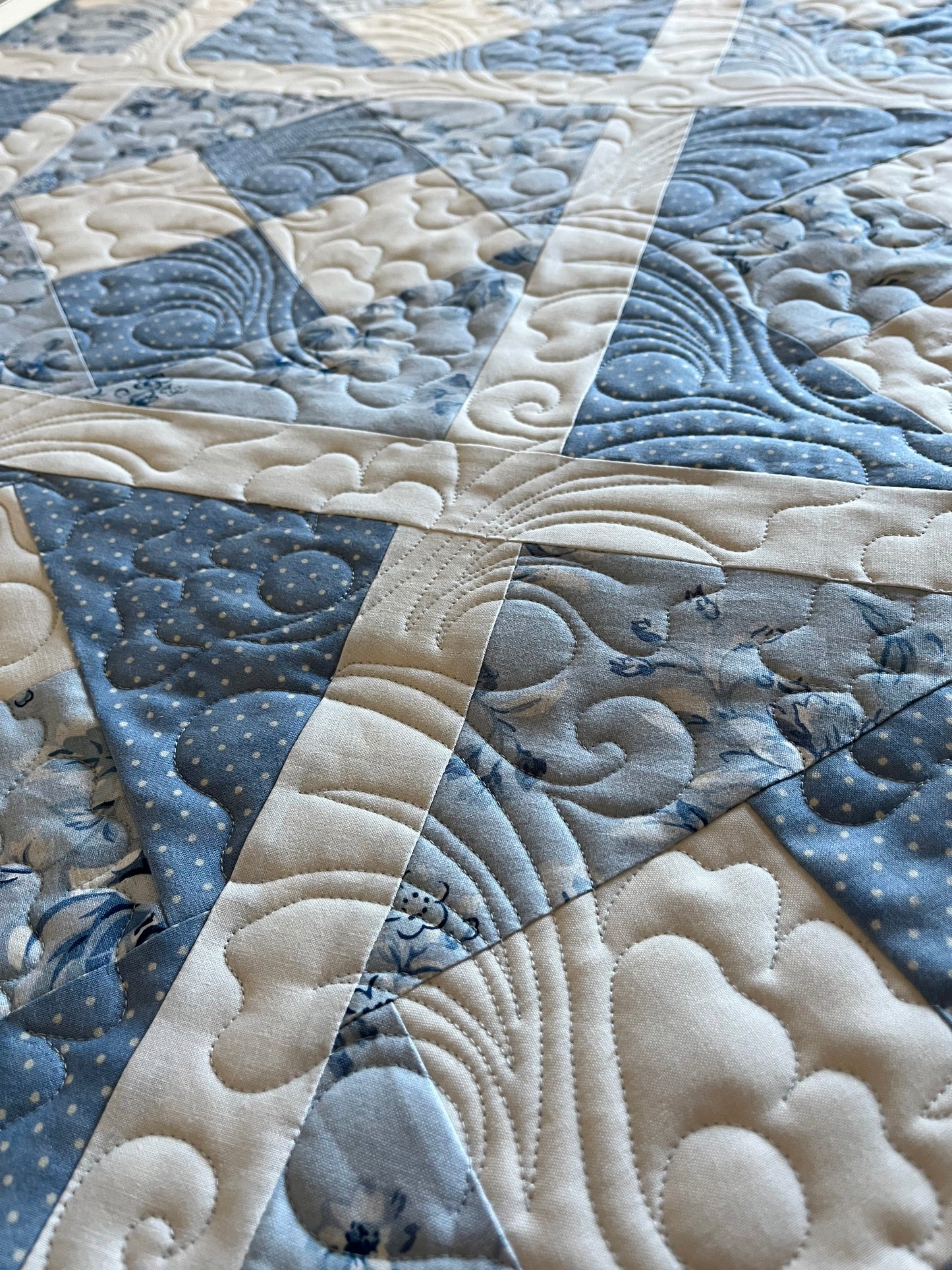 Handmade Baby Girl Quilt - Pretty Blues (40x40) Quilted Flowers and Feathers - Free Handmade Matching Gift Bag - Ready to Ship!