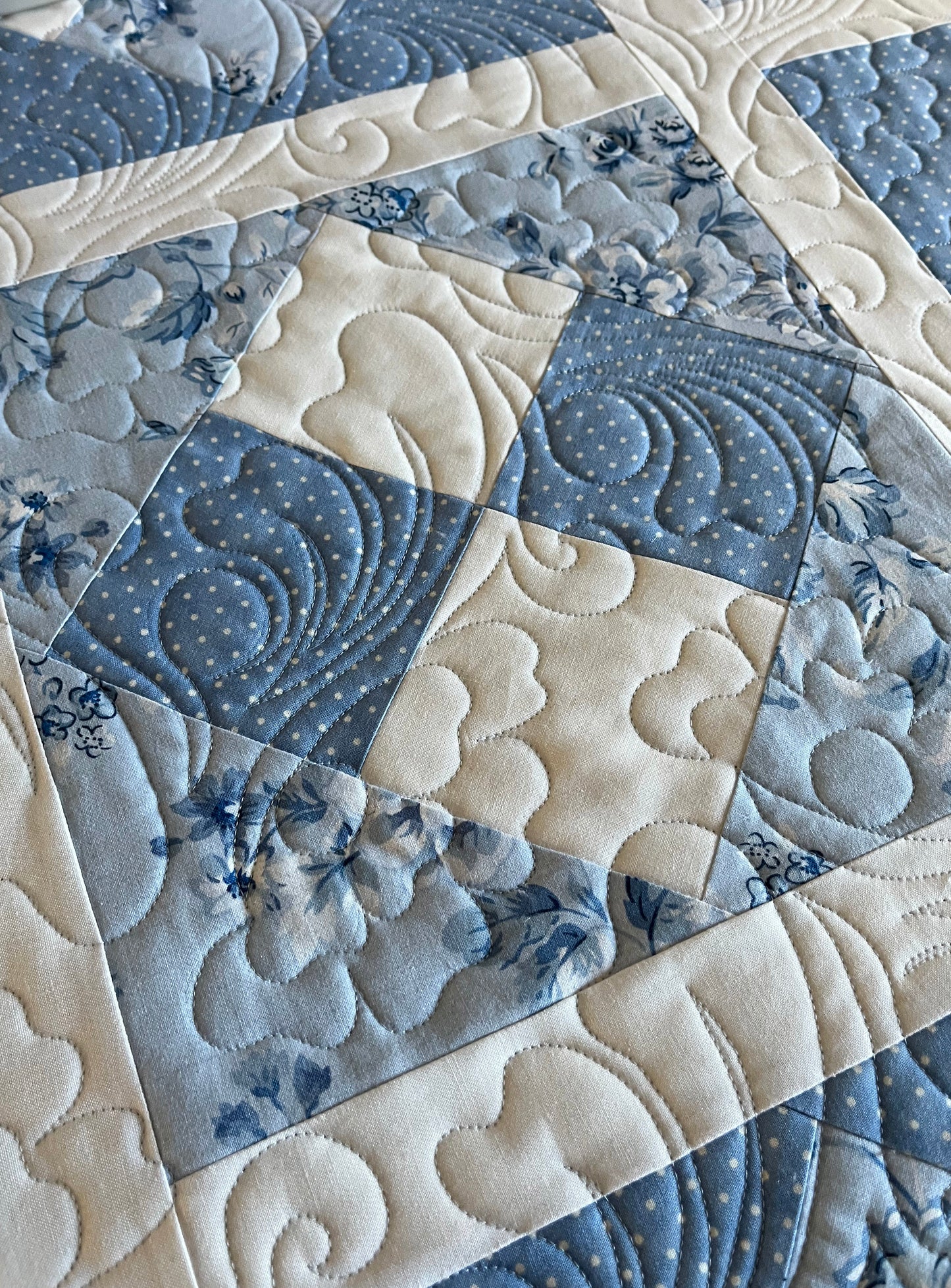 Handmade Baby Girl Quilt - Pretty Blues (40x40) Quilted Flowers and Feathers - Free Handmade Matching Gift Bag - Ready to Ship!