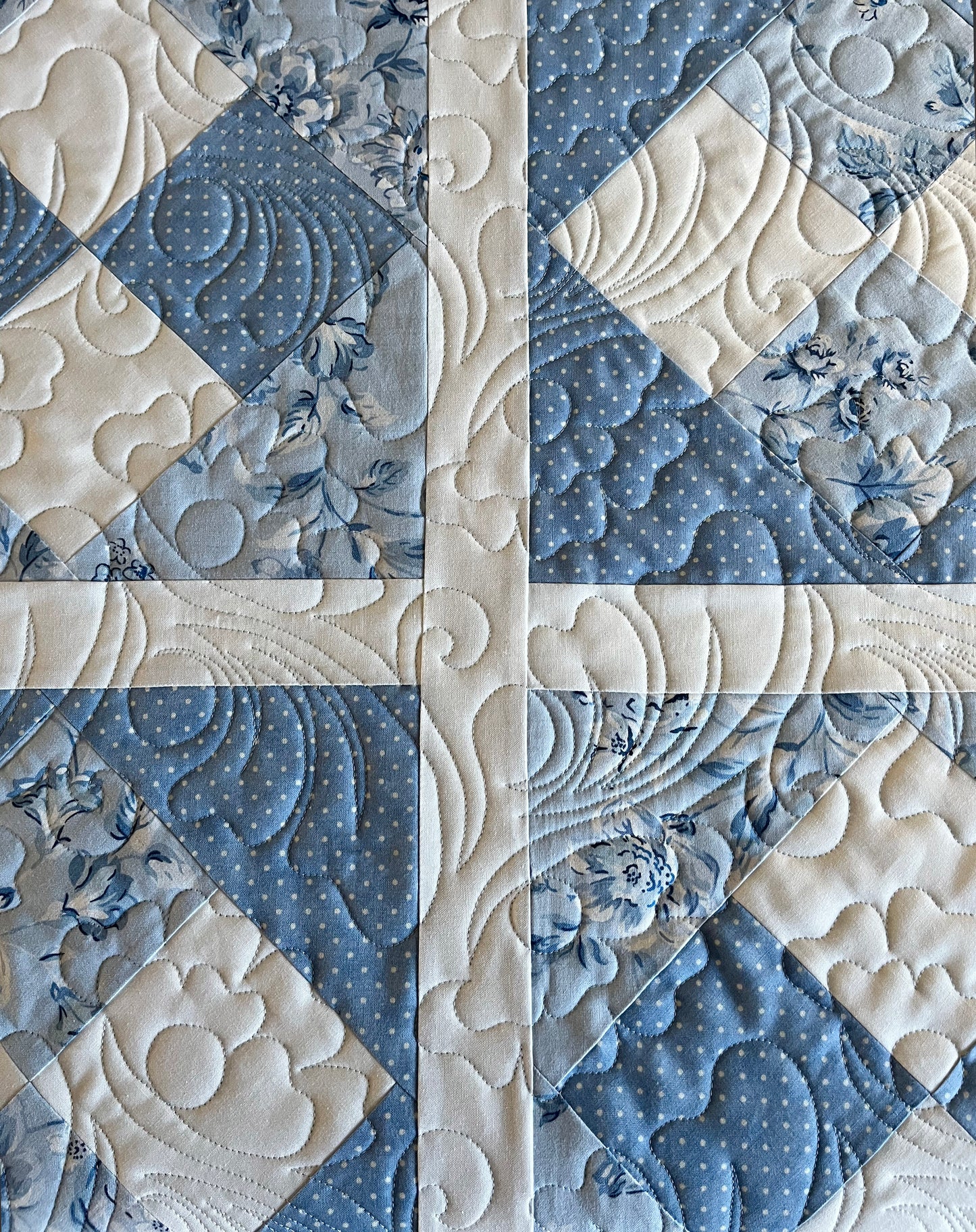 Handmade Baby Girl Quilt - Pretty Blues (40x40) Quilted Flowers and Feathers - Free Handmade Matching Gift Bag - Ready to Ship!