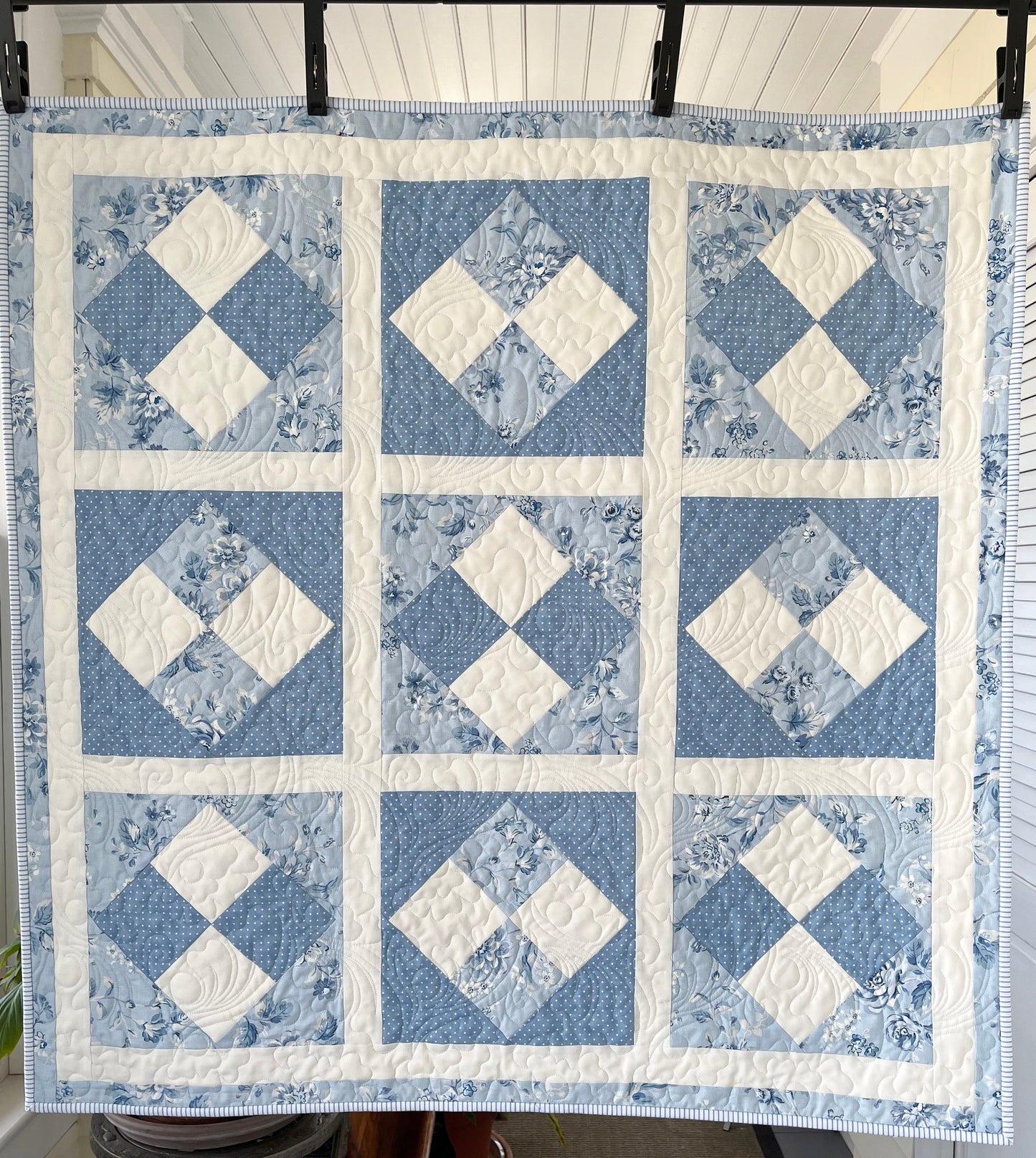 Handmade Baby Girl Quilt - Pretty Blues (40x40) Quilted Flowers and Feathers - Free Handmade Matching Gift Bag - Ready to Ship!