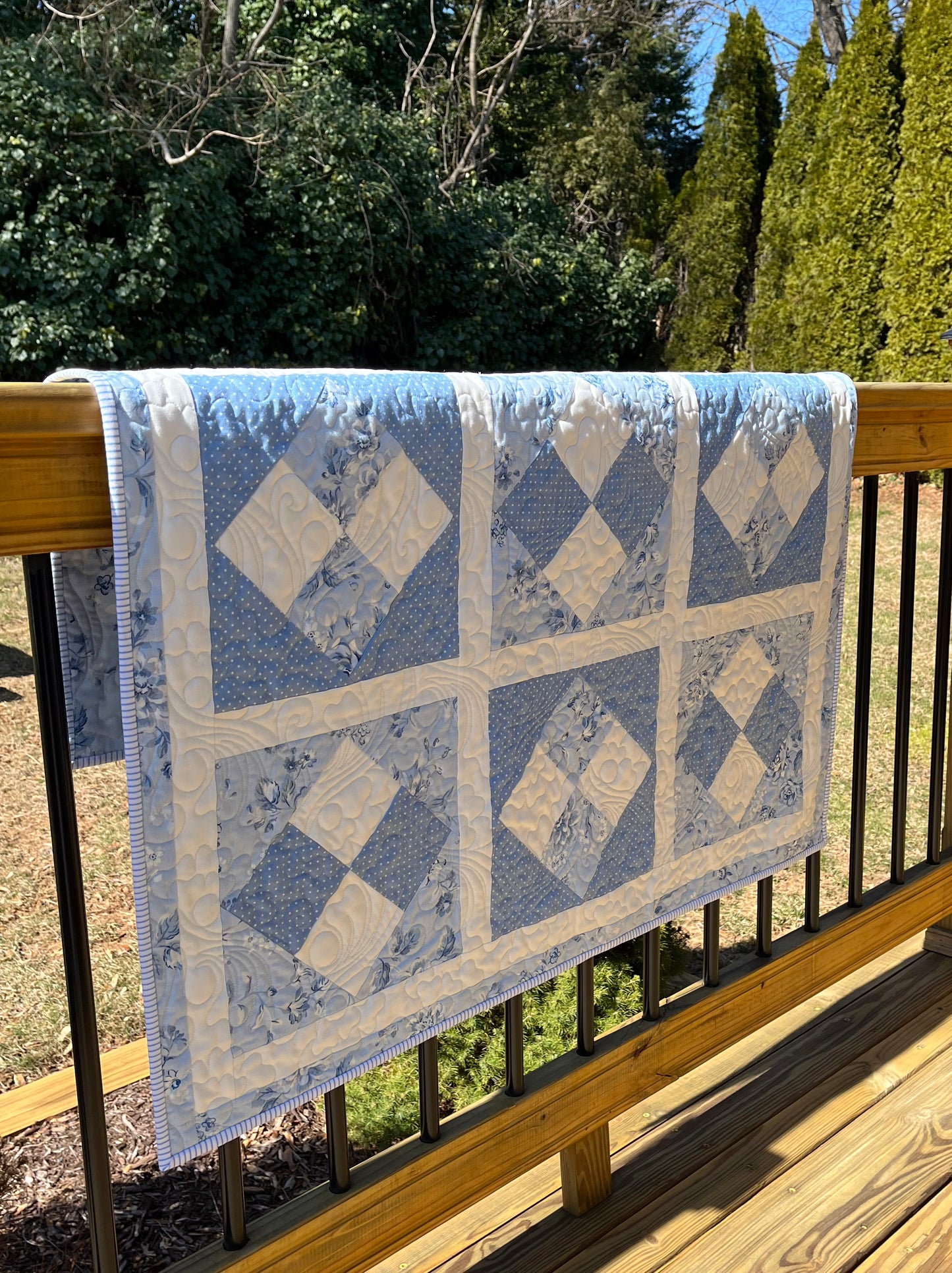 Handmade Baby Girl Quilt - Pretty Blues (40x40) Quilted Flowers and Feathers - Free Handmade Matching Gift Bag - Ready to Ship!