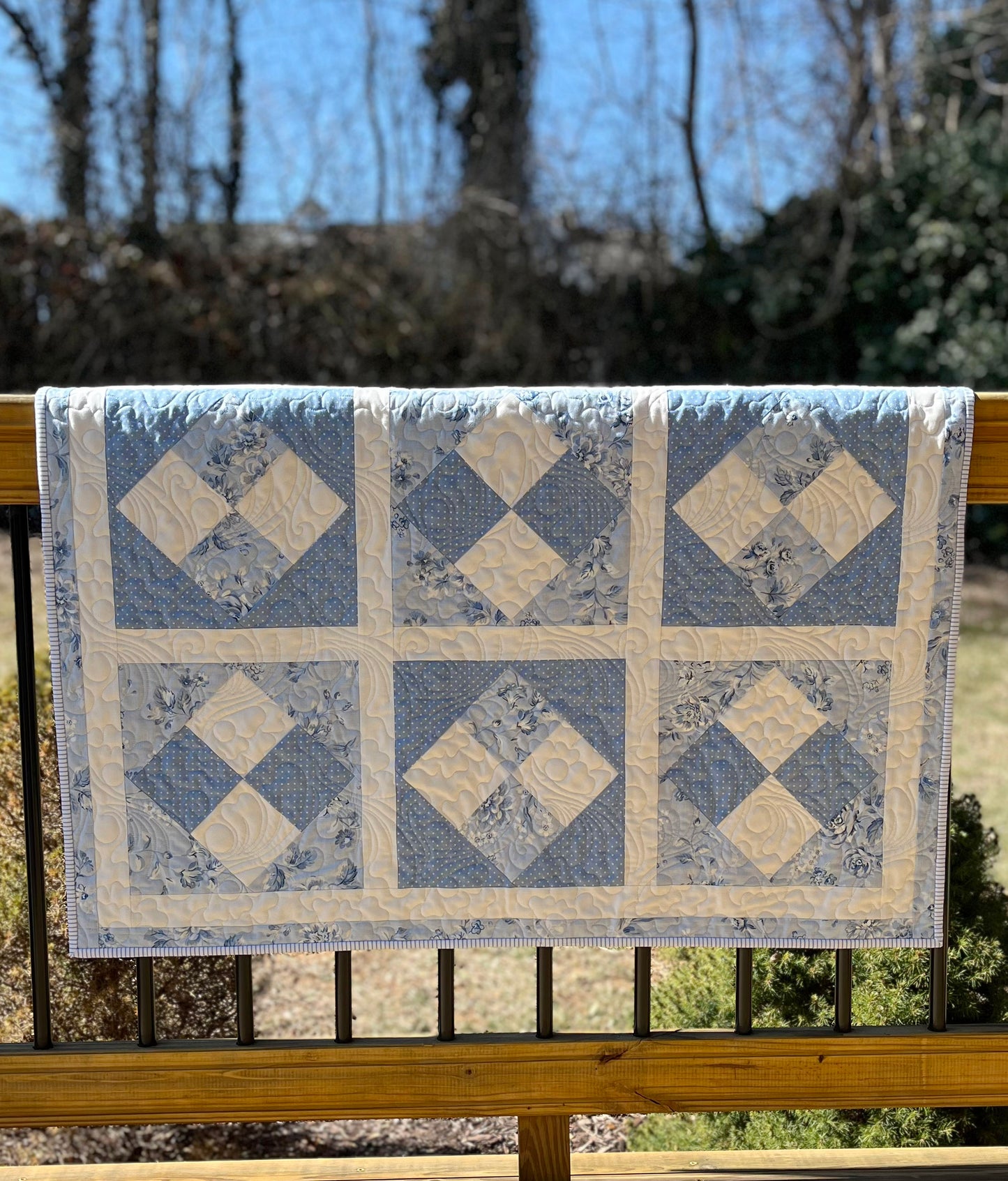 Handmade Baby Girl Quilt - Pretty Blues (40x40) Quilted Flowers and Feathers - Free Handmade Matching Gift Bag - Ready to Ship!