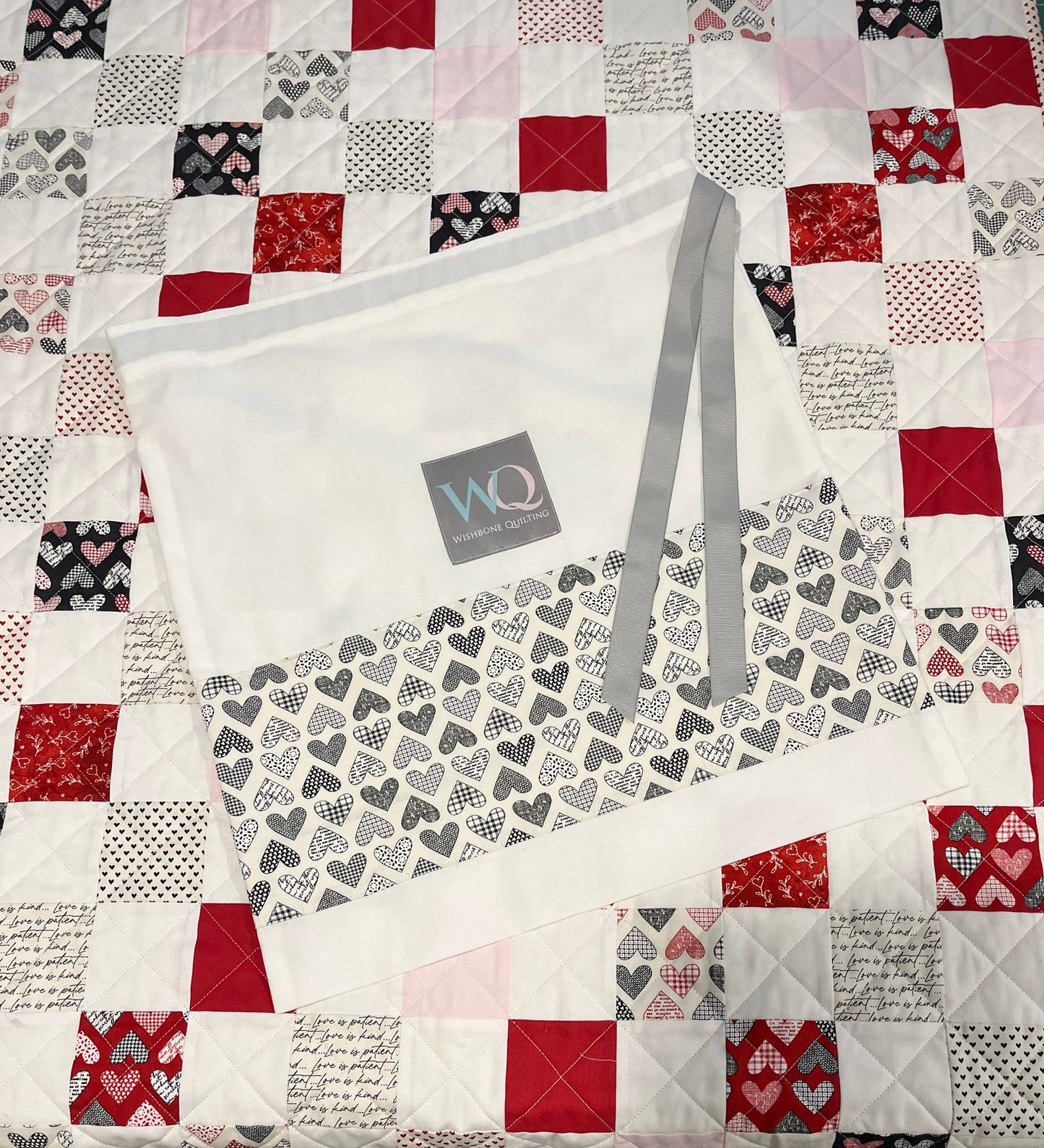 Handmade Throw Size Quilt, Hearts Patchwork Baby Blanket (50x60) Red, Grey & Pink, Holiday Gift - FREE MATCHING BAG!