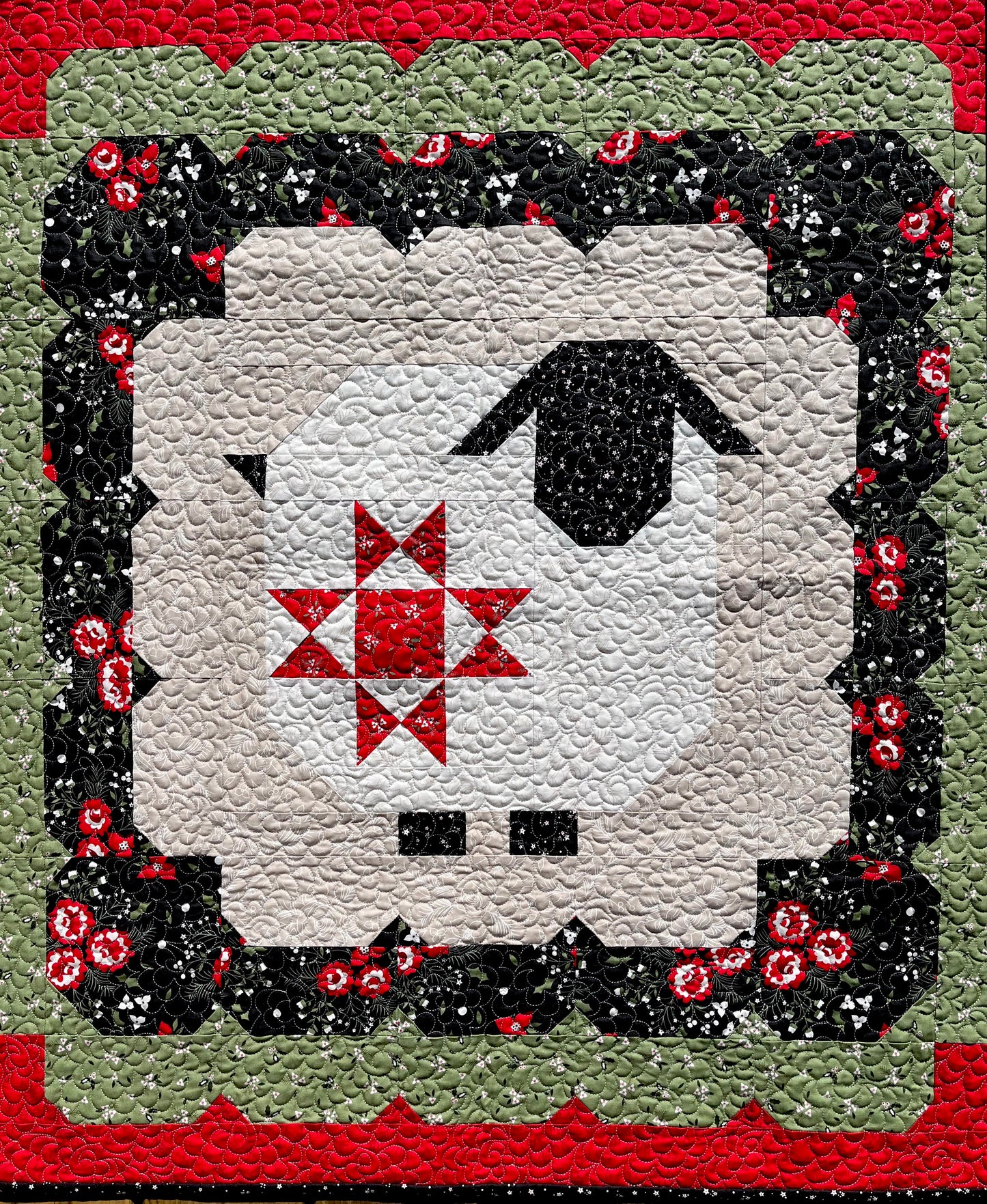 Handmade Christmas Wooly Sheep Baby Quilt, Heirloom Baby Blanket, Wall Hanging or Table Topper (40x40)