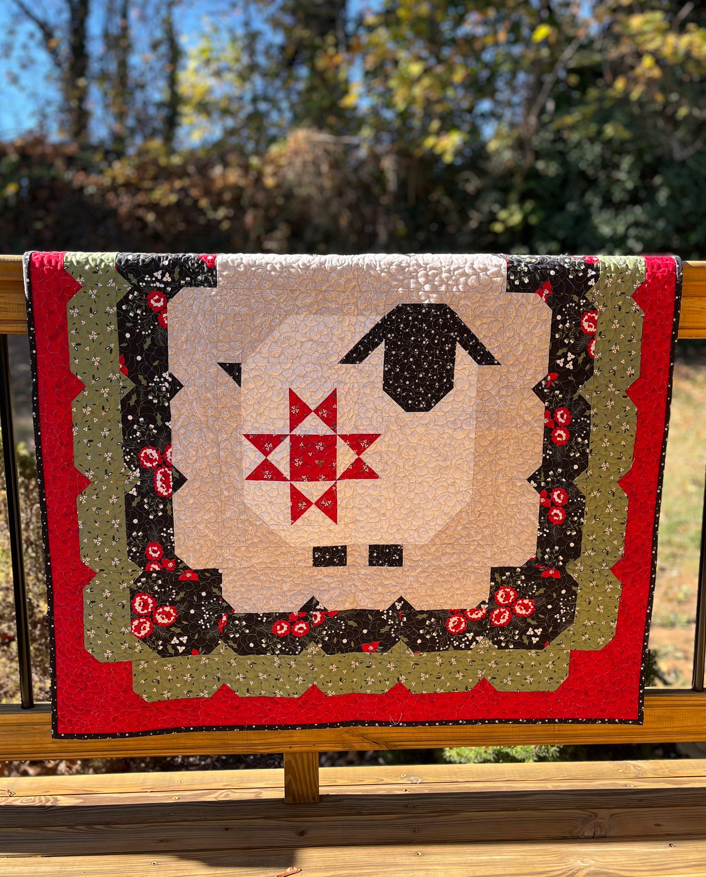Handmade Christmas Wooly Sheep Baby Quilt, Heirloom Baby Blanket, Wall Hanging or Table Topper (40x40)