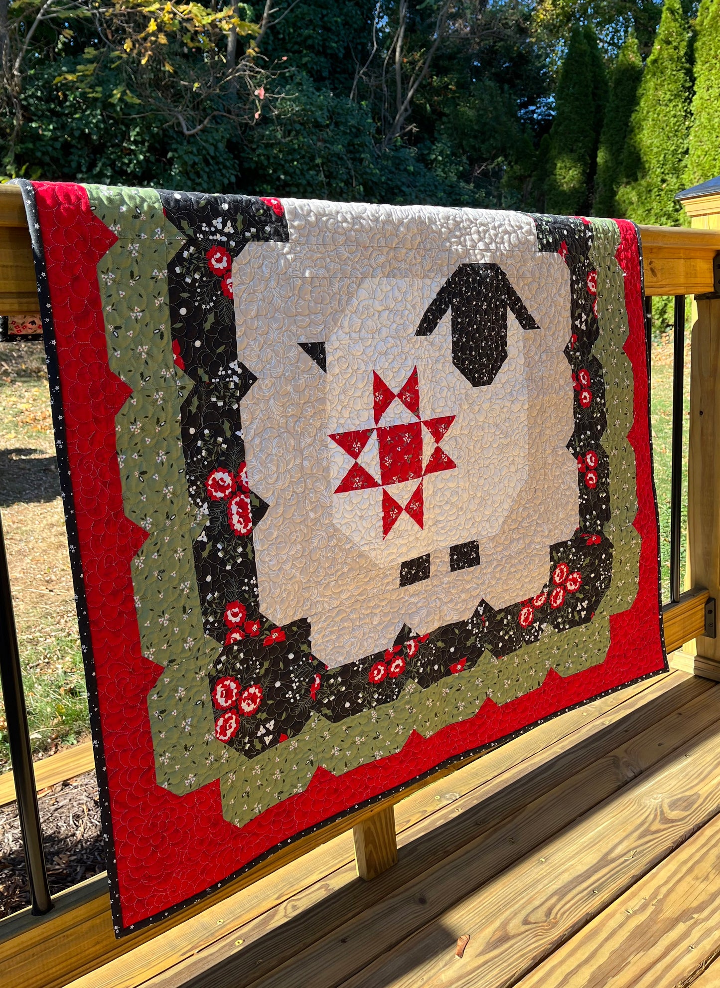 Handmade Christmas Wooly Sheep Baby Quilt, Heirloom Baby Blanket, Wall Hanging or Table Topper (40x40)