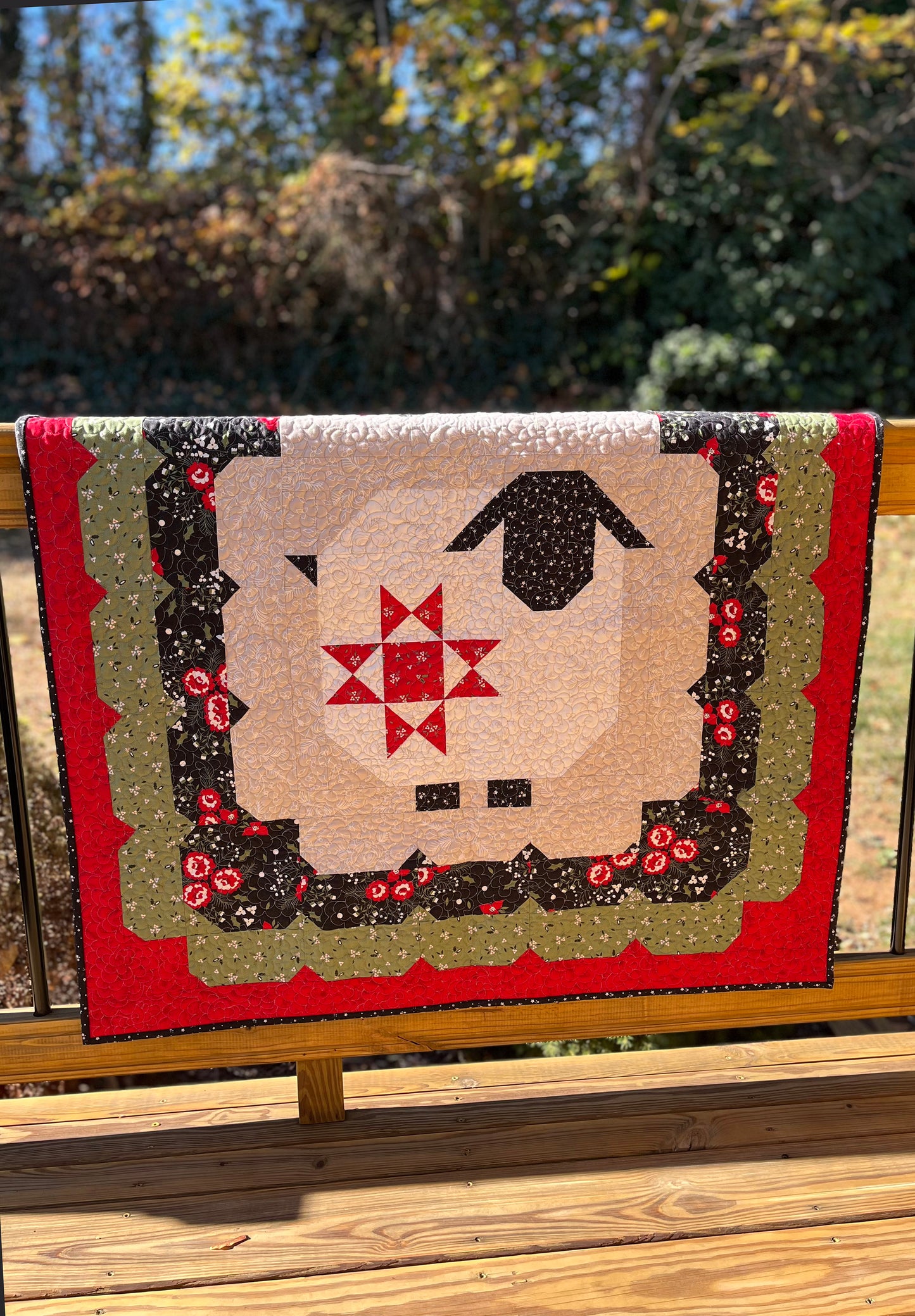 Handmade Christmas Wooly Sheep Baby Quilt, Heirloom Baby Blanket, Wall Hanging or Table Topper (40x40)