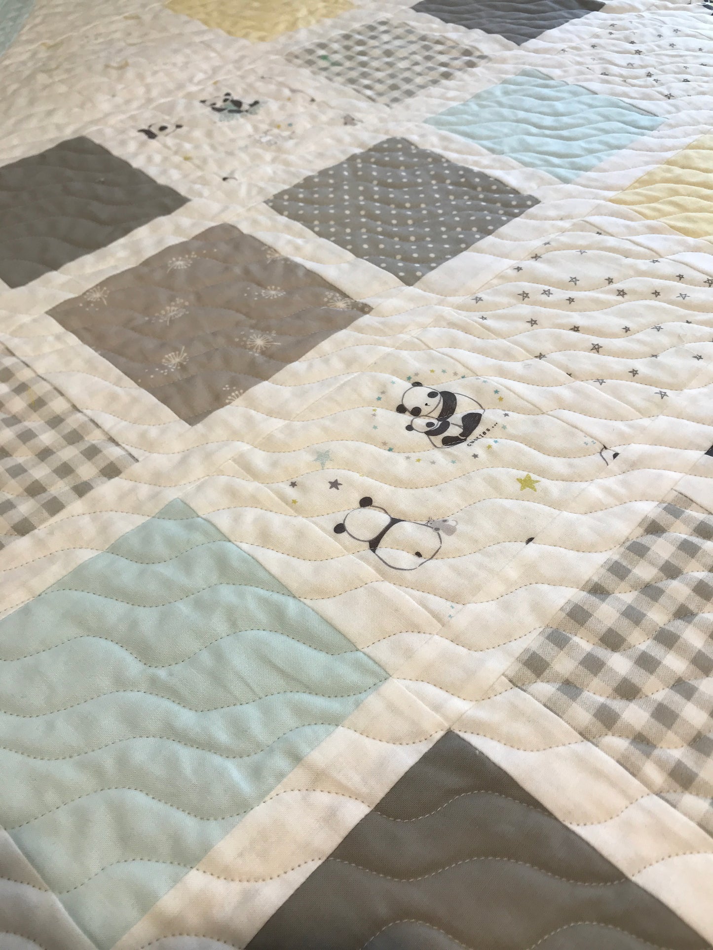 Baby Panda Bears, Stars, Moons: Handmade Baby Quilt, Baby Blanket - Ready to Ship