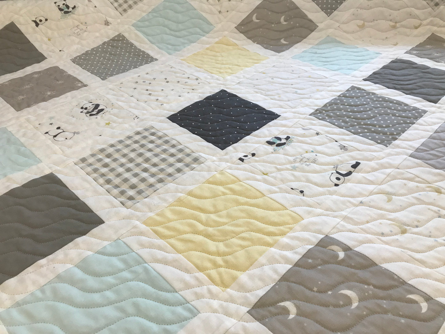 Baby Panda Bears, Stars, Moons: Handmade Baby Quilt, Baby Blanket - Ready to Ship