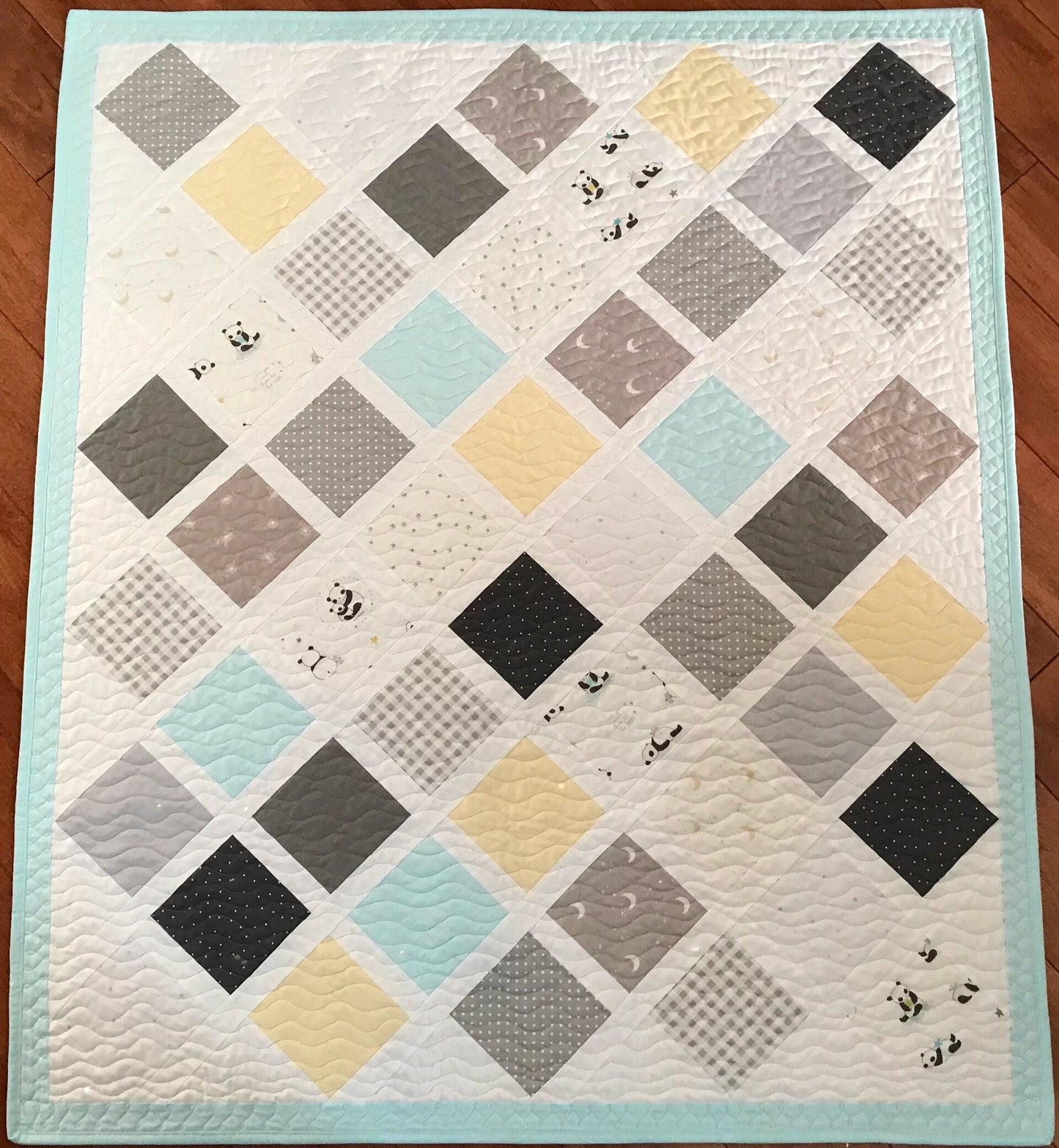 Baby Panda Bears, Stars, Moons: Handmade Baby Quilt, Baby Blanket - Ready to Ship