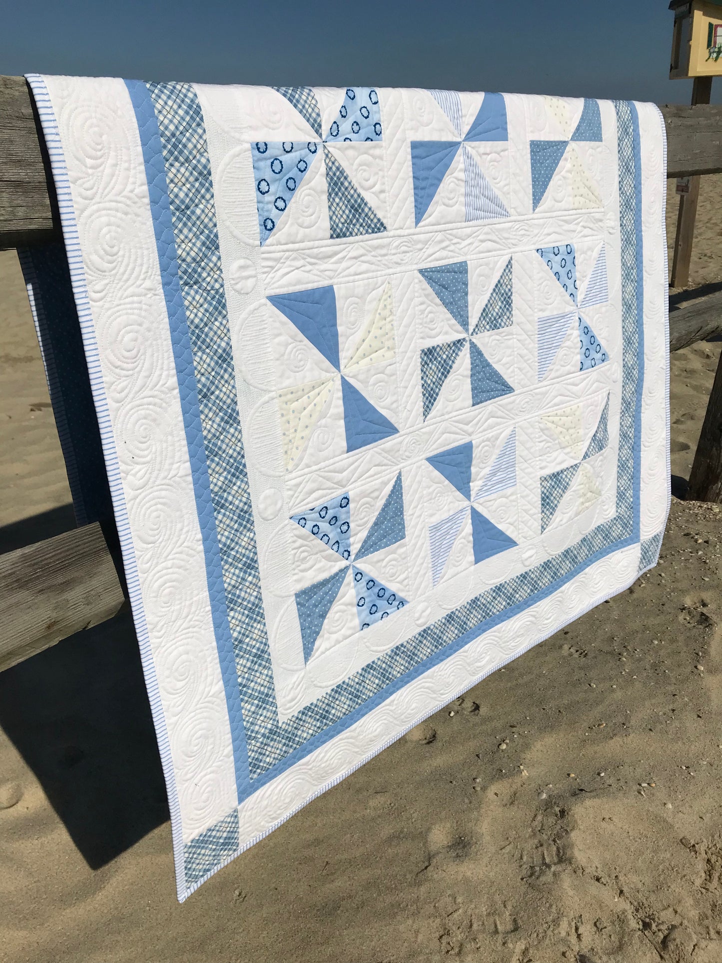 Handmade Baby Boy Quilt - Blue & White Pinwheels: Baby Blanket - Custom Quilted - Heirloom Quality - Ready to Ship!