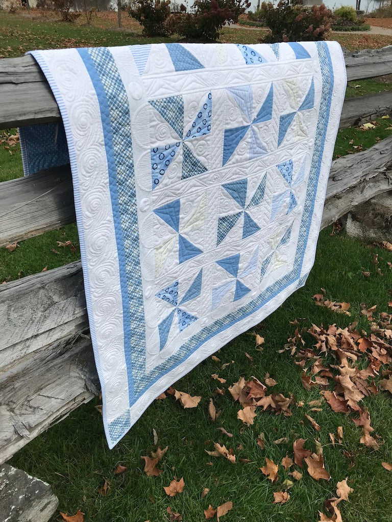 Handmade Baby Boy Quilt - Blue & White Pinwheels: Baby Blanket - Custom Quilted - Heirloom Quality - Ready to Ship!