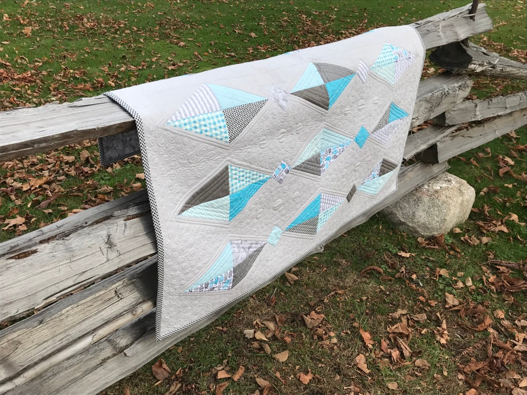 Handmade Quilted Wall Hanging for Baby's Room - Unique One of a Kind Baby Nursery - Grey, Aqua & White (34.5x46.5)