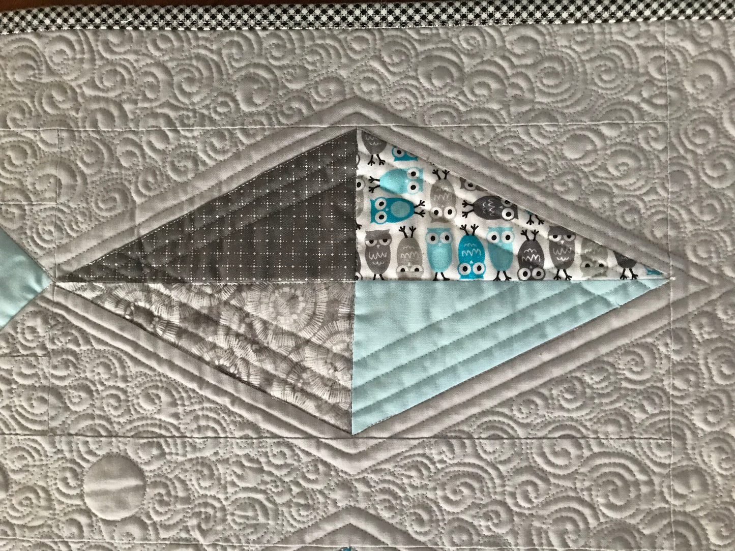 Handmade Quilted Wall Hanging for Baby's Room - Unique One of a Kind Baby Nursery - Grey, Aqua & White (34.5x46.5)