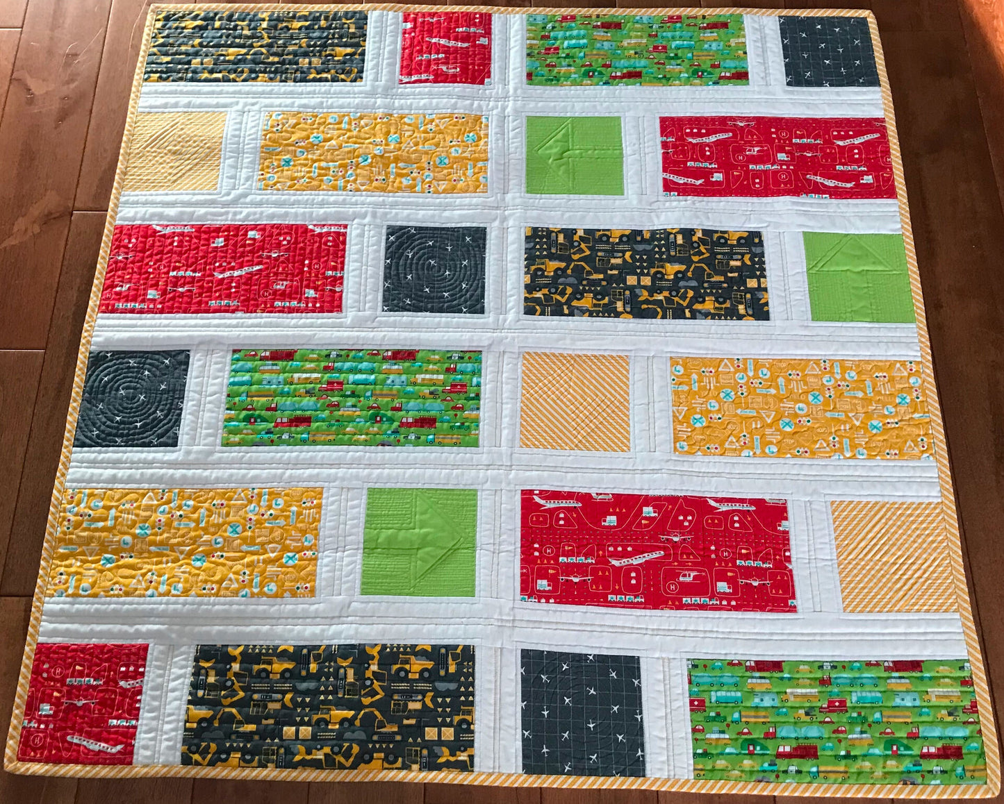 Handmade Baby, Toddler Quilt - Baby Blanket with Cars, Trucks, Bulldozers & Airplanes - Custom Quilted (41x41) Ready to Ship!