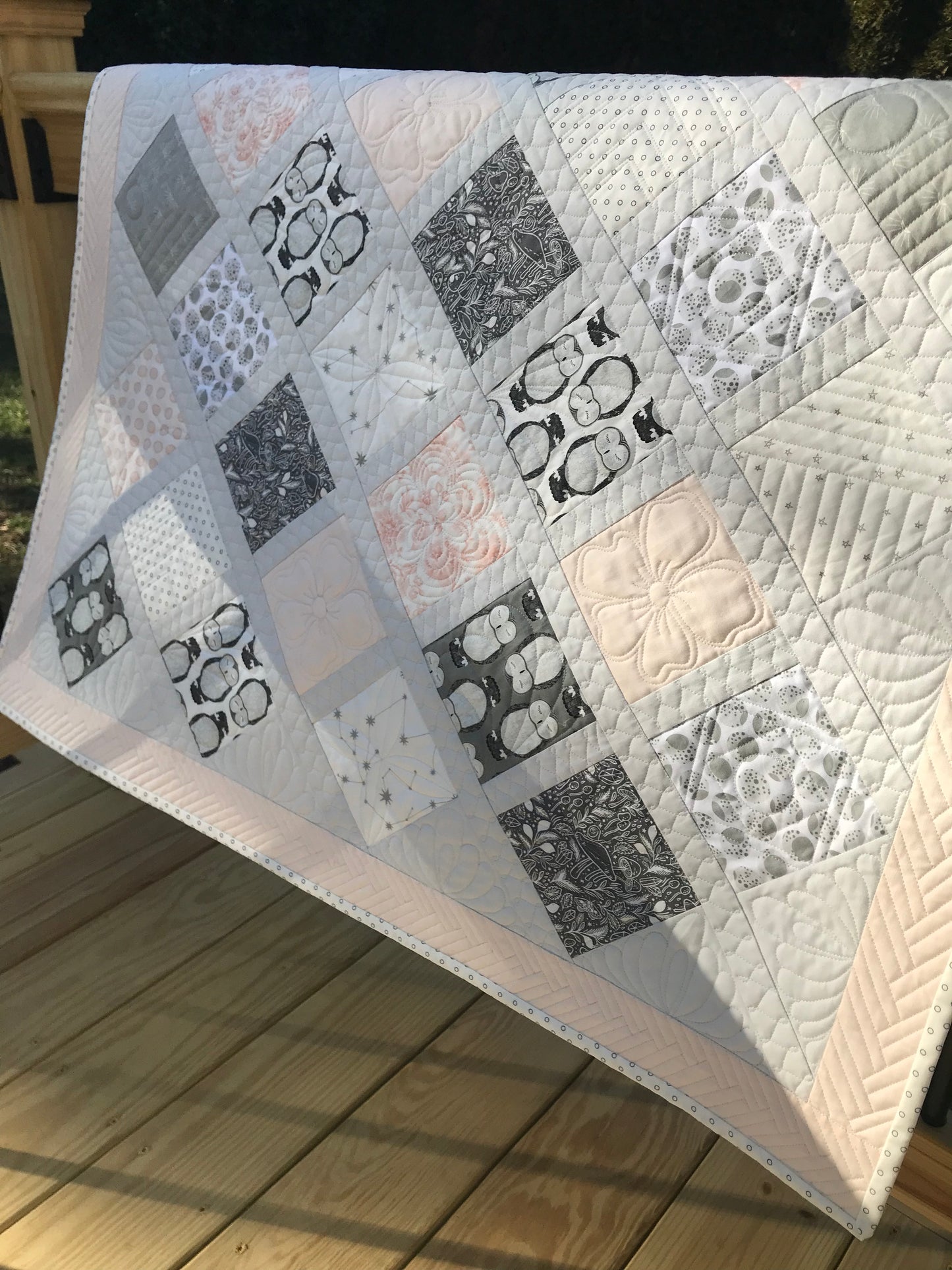 Baby Girl Quilt, Handmade - Pink & Grey Baby Blanket - Custom Quilted One of a Kind - Owls - Heirloom Gift (38x38) Ready to Ship!