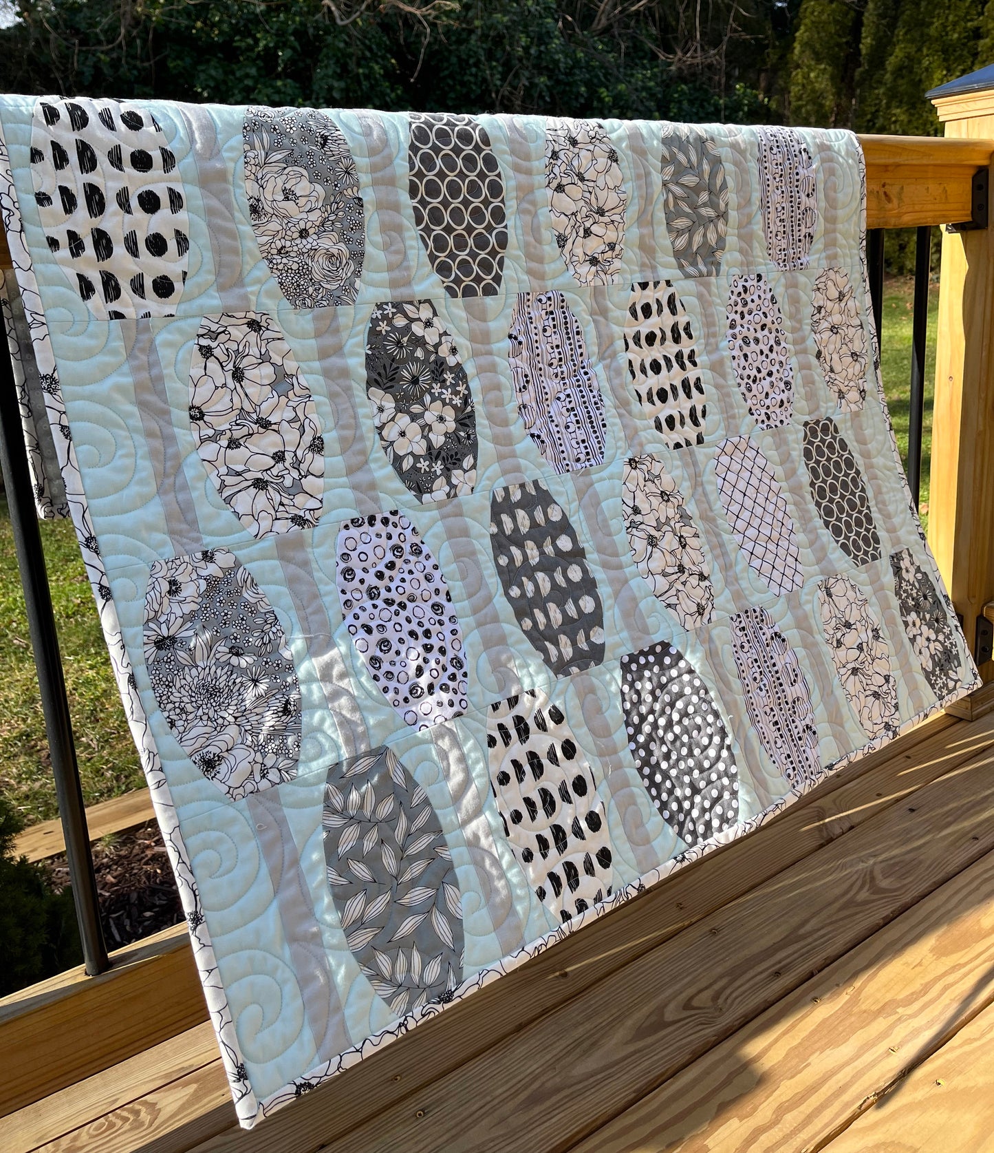 Handmade Modern Baby Quilt, Baby Blanket, Adult Lap Quilt, Table Topper, Aqua Powder Blue, Grey and White (40.5x45) Ready to Ship!