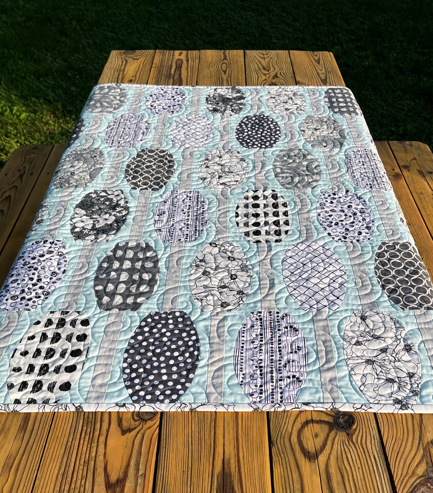 Handmade Modern Baby Quilt, Baby Blanket, Adult Lap Quilt, Table Topper, Aqua Powder Blue, Grey and White (40.5x45) Ready to Ship!