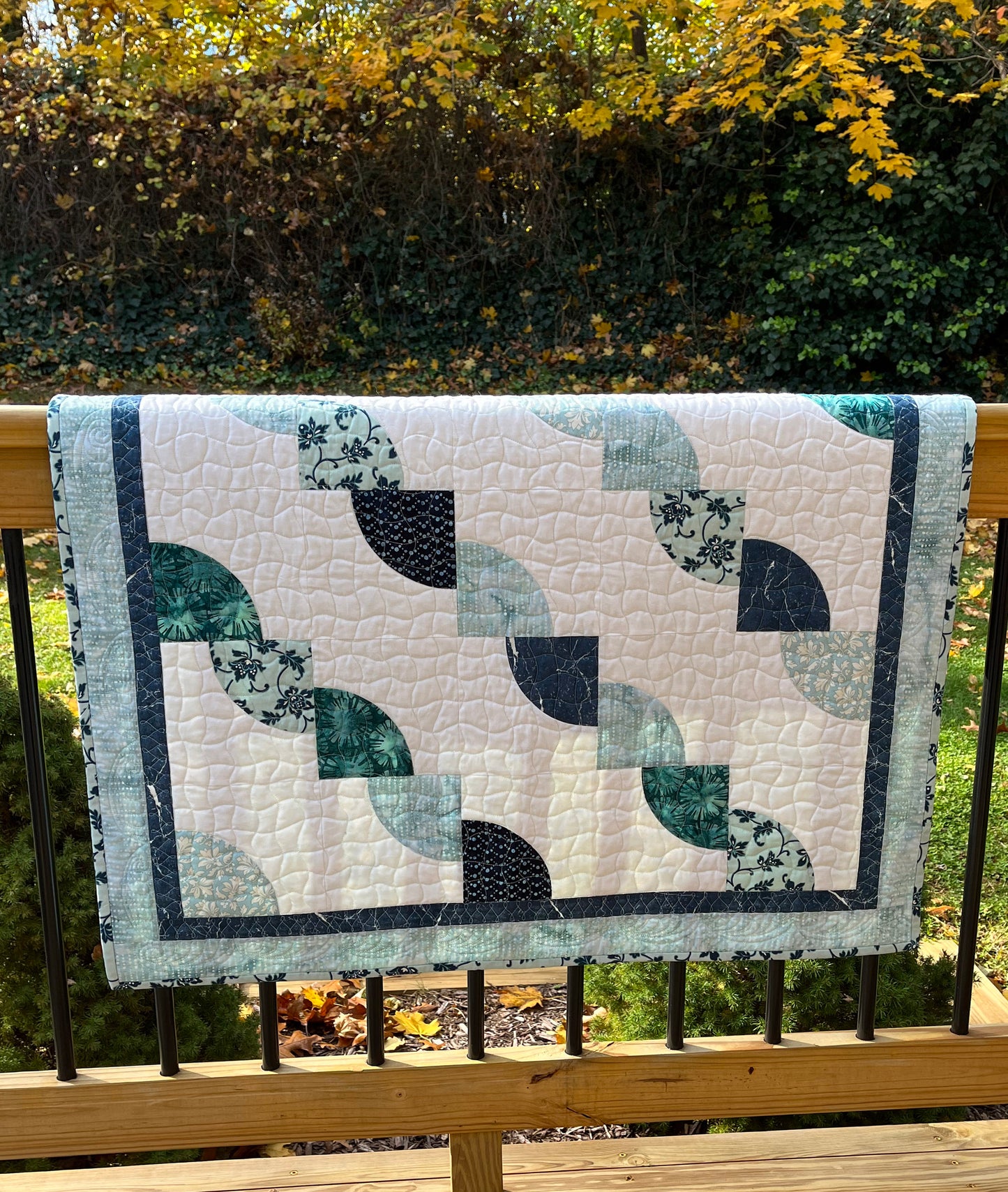 Handmade Baby Quilt, Baby Blanket, Adult Lap Quilt, Modern Gender Neutral Baby Blanket - Aqua, Navy & Green (36.5x37) Ready to Ship!