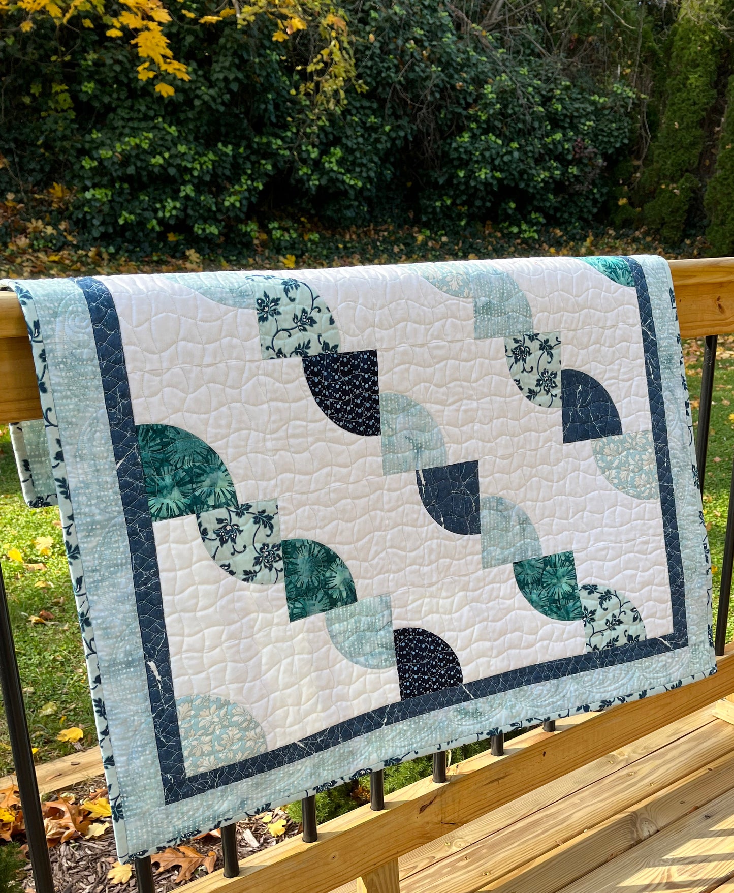 Handmade Baby Quilt, Baby Blanket, Adult Lap Quilt, Modern Gender Neutral Baby Blanket - Aqua, Navy & Green (36.5x37) Ready to Ship!