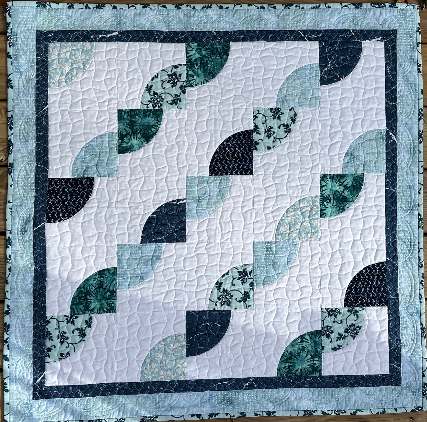 Handmade Baby Quilt, Baby Blanket, Adult Lap Quilt, Modern Gender Neutral Baby Blanket - Aqua, Navy & Green (36.5x37) Ready to Ship!