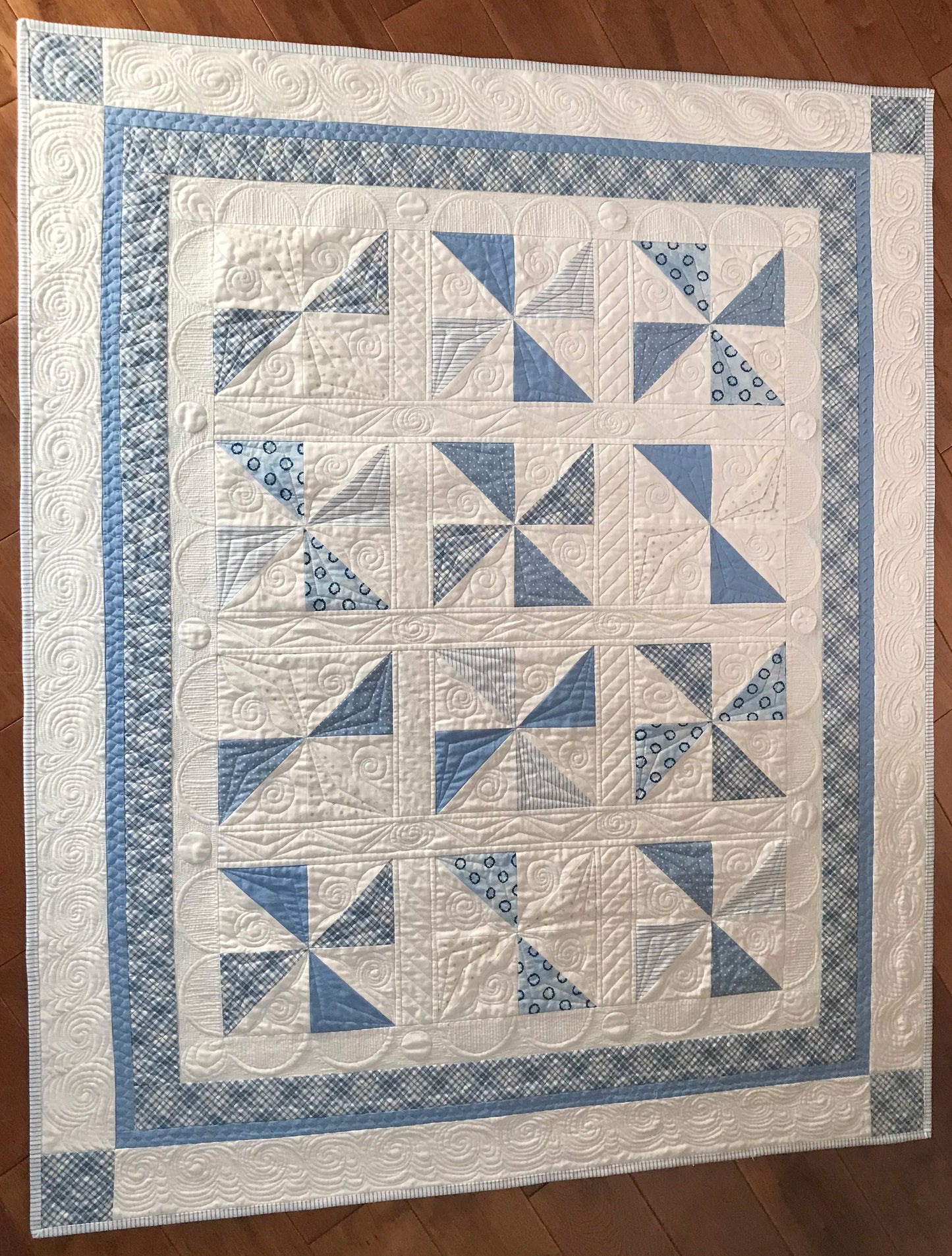 Handmade Baby Boy Quilt - Blue & White Pinwheels:  Baby Blanket - Custom Quilted - Heirloom Quality - Ready to Ship!