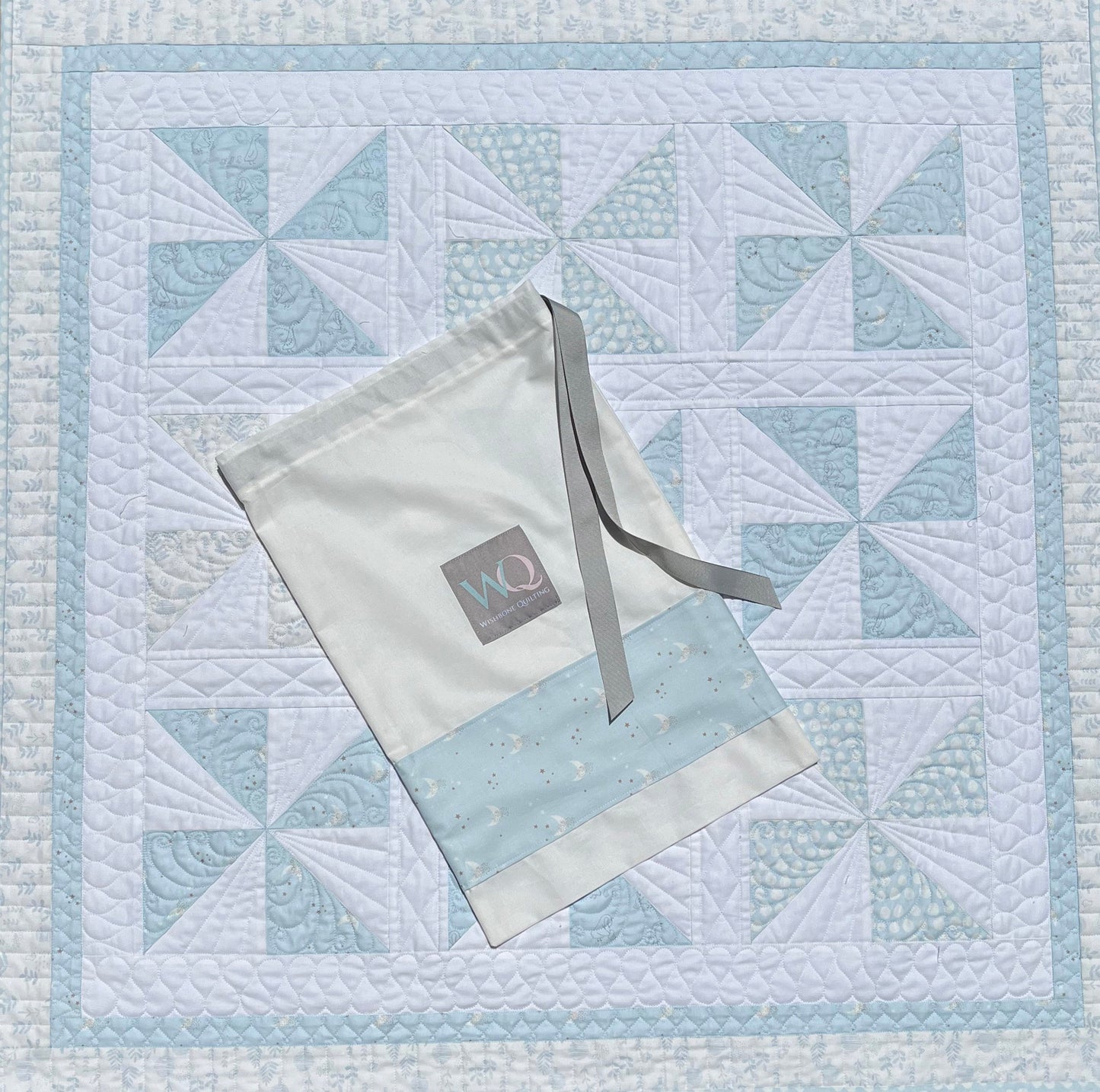 Handmade Baby Boy Heirloom Pinwheel Baby Quilt, Blue & White Baby Blanket, Free Matching Bag (37x37) Ready to Ship!