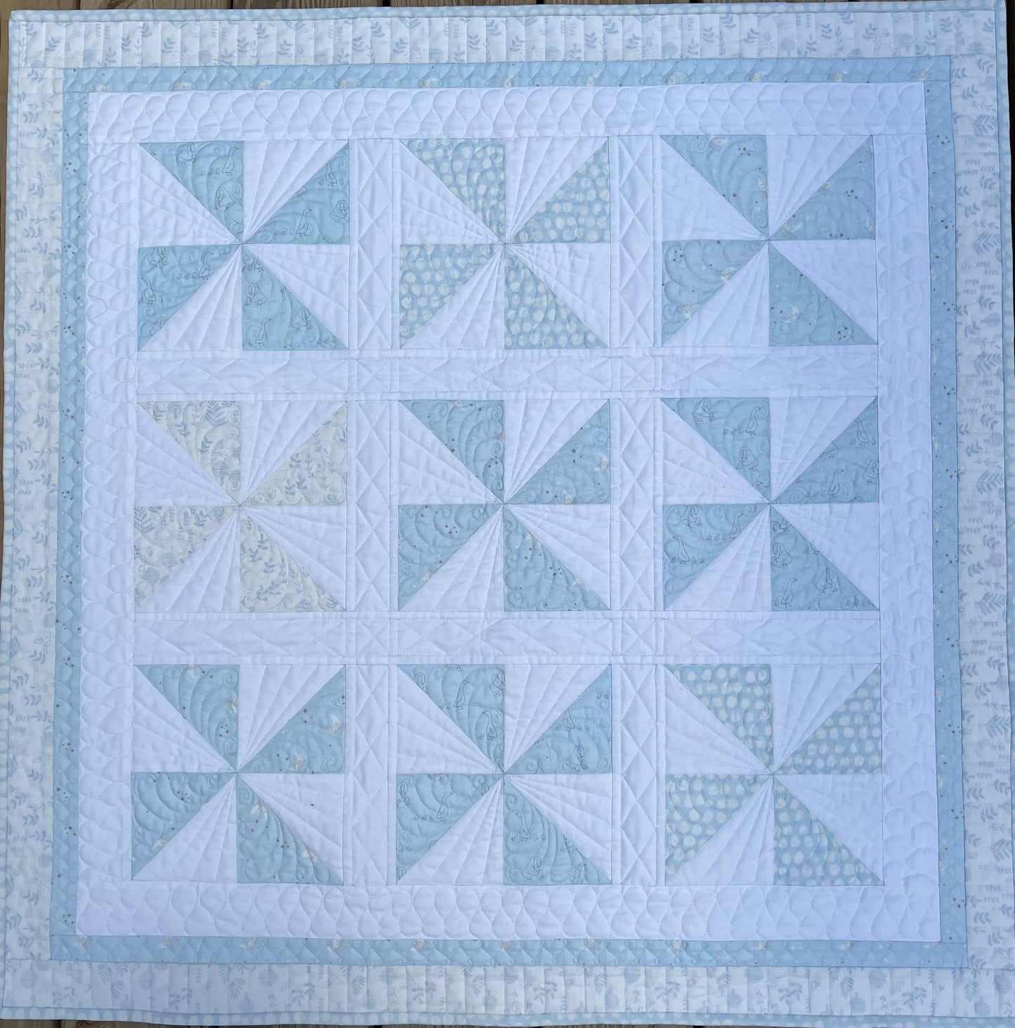 Handmade Baby Boy Heirloom Pinwheel Baby Quilt, Blue & White Baby Blanket, Free Matching Bag (37x37) Ready to Ship!