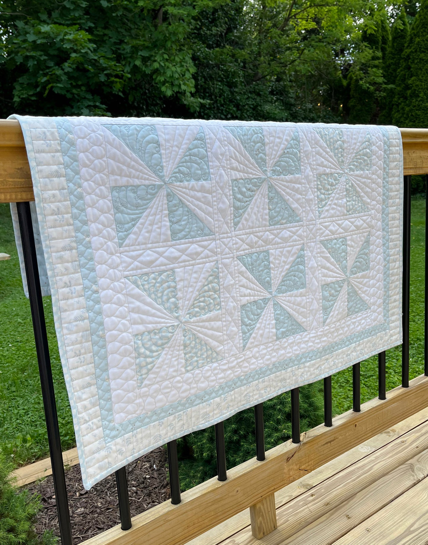 Handmade Baby Boy Heirloom Pinwheel Baby Quilt, Blue & White Baby Blanket, Free Matching Bag (37x37) Ready to Ship!