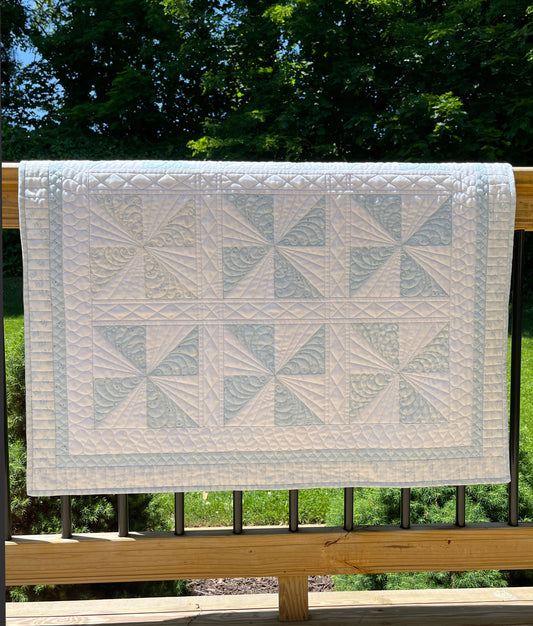 Handmade Baby Boy Heirloom Pinwheel Baby Quilt, Blue & White Baby Blanket, Free Matching Bag (37x37) Ready to Ship!