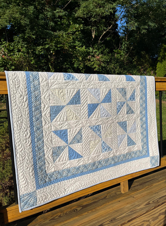 Handmade Baby Boy Quilt, Heirloom Baby Blanket, Christmas Gift, Blue & White Baby Boy Blanket (45x54.5)  Ready to Ship!