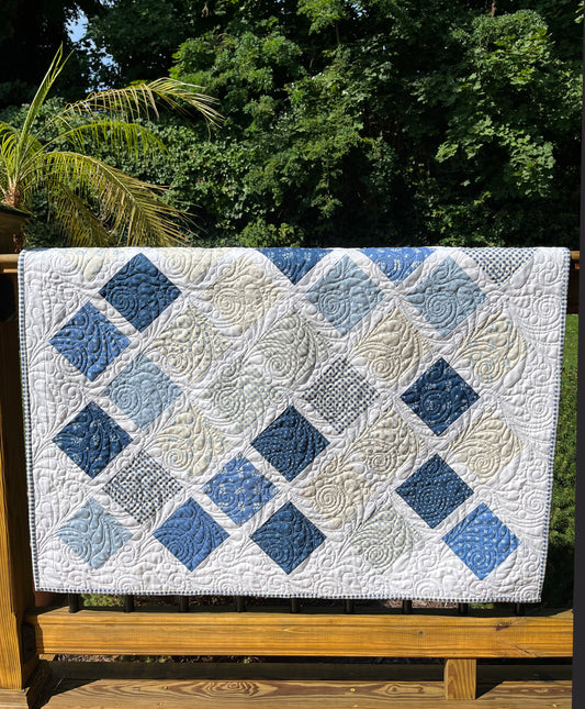 Handmade Baby Boy Quilt, Blue & White Baby Blanket (40.5x48) FREE Matching Handmade Bag, Ready to Ship and FREE SHIPPING!