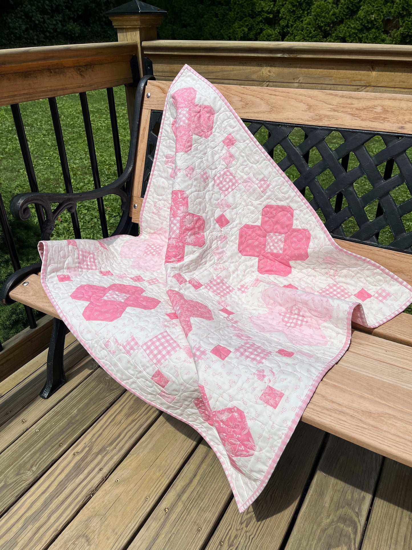 Handmade Baby Girl Quilt - Pink Flowers and Gingham (37"x37") Lap, Wall Hanging