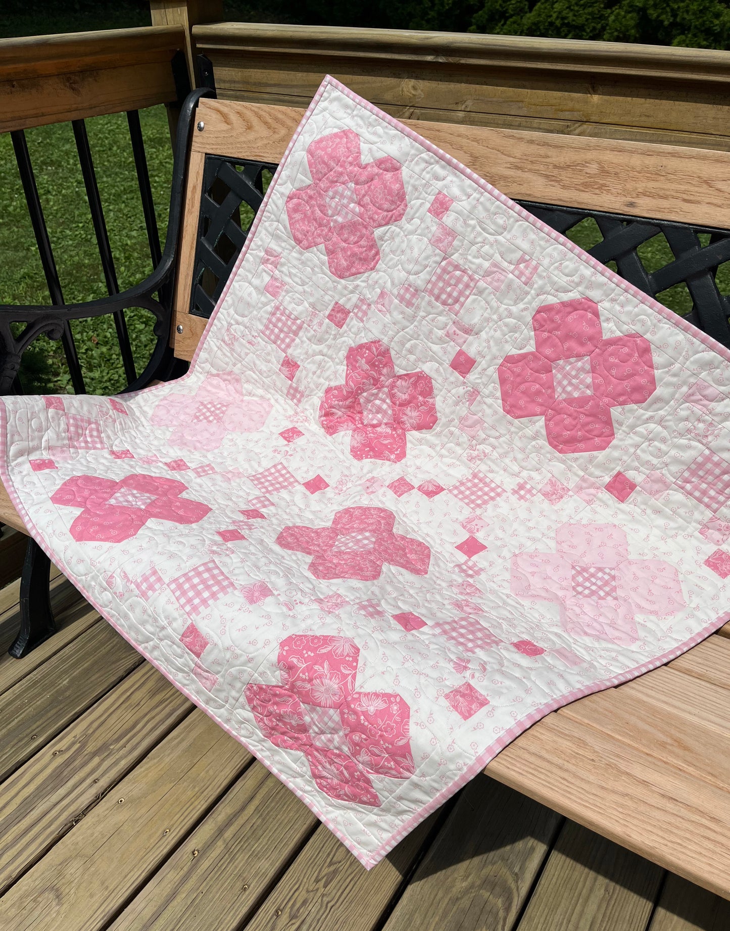 Handmade Baby Girl Quilt - Pink Flowers and Gingham (37"x37") Lap, Wall Hanging