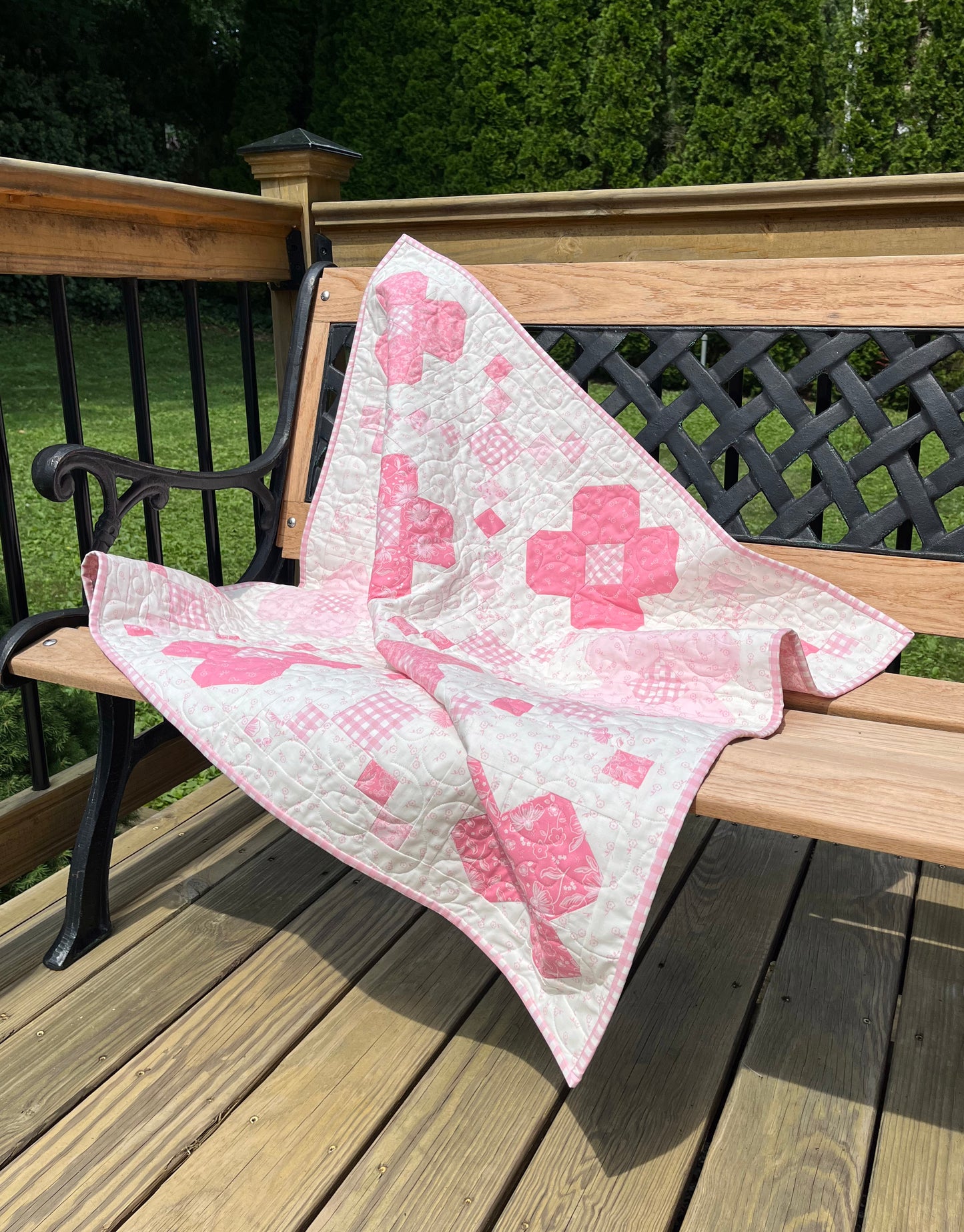 Handmade Baby Girl Quilt - Pink Flowers and Gingham (37"x37") Lap, Wall Hanging