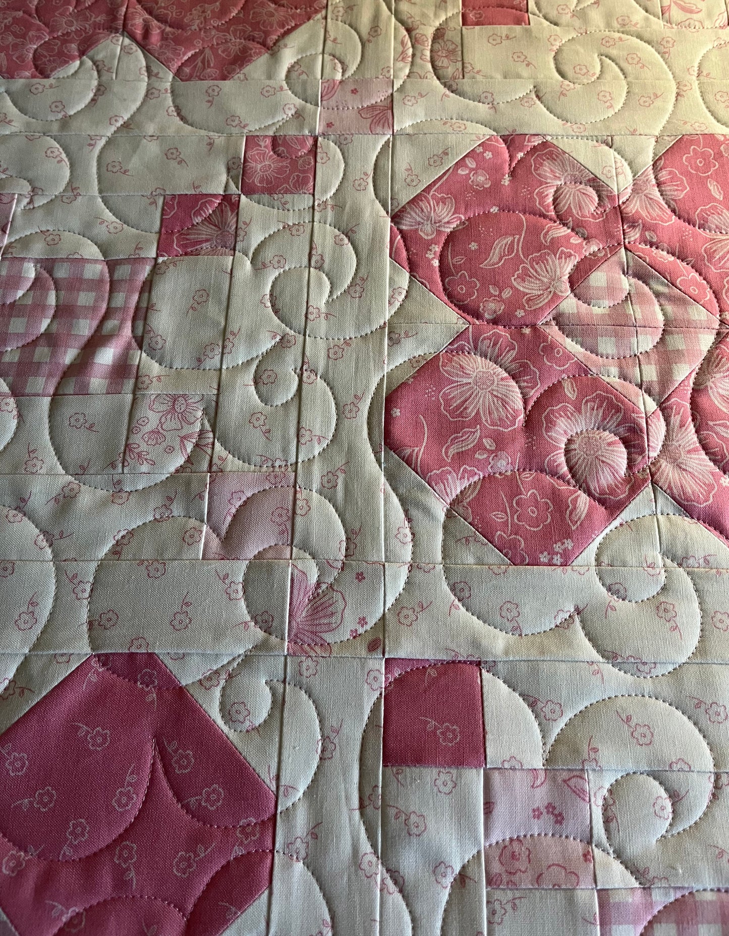 Handmade Baby Girl Quilt - Pink Flowers and Gingham (37"x37") Lap, Wall Hanging