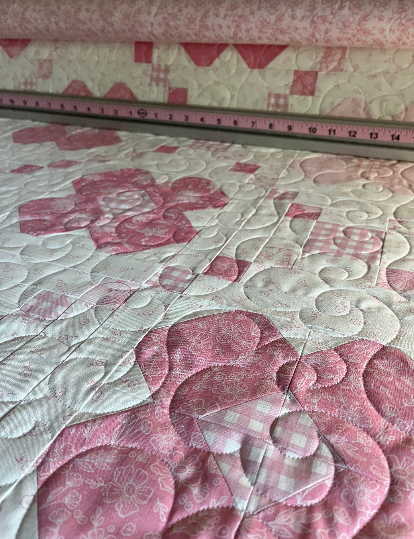 Handmade Baby Girl Quilt - Pink Flowers and Gingham (37"x37") Lap, Wall Hanging