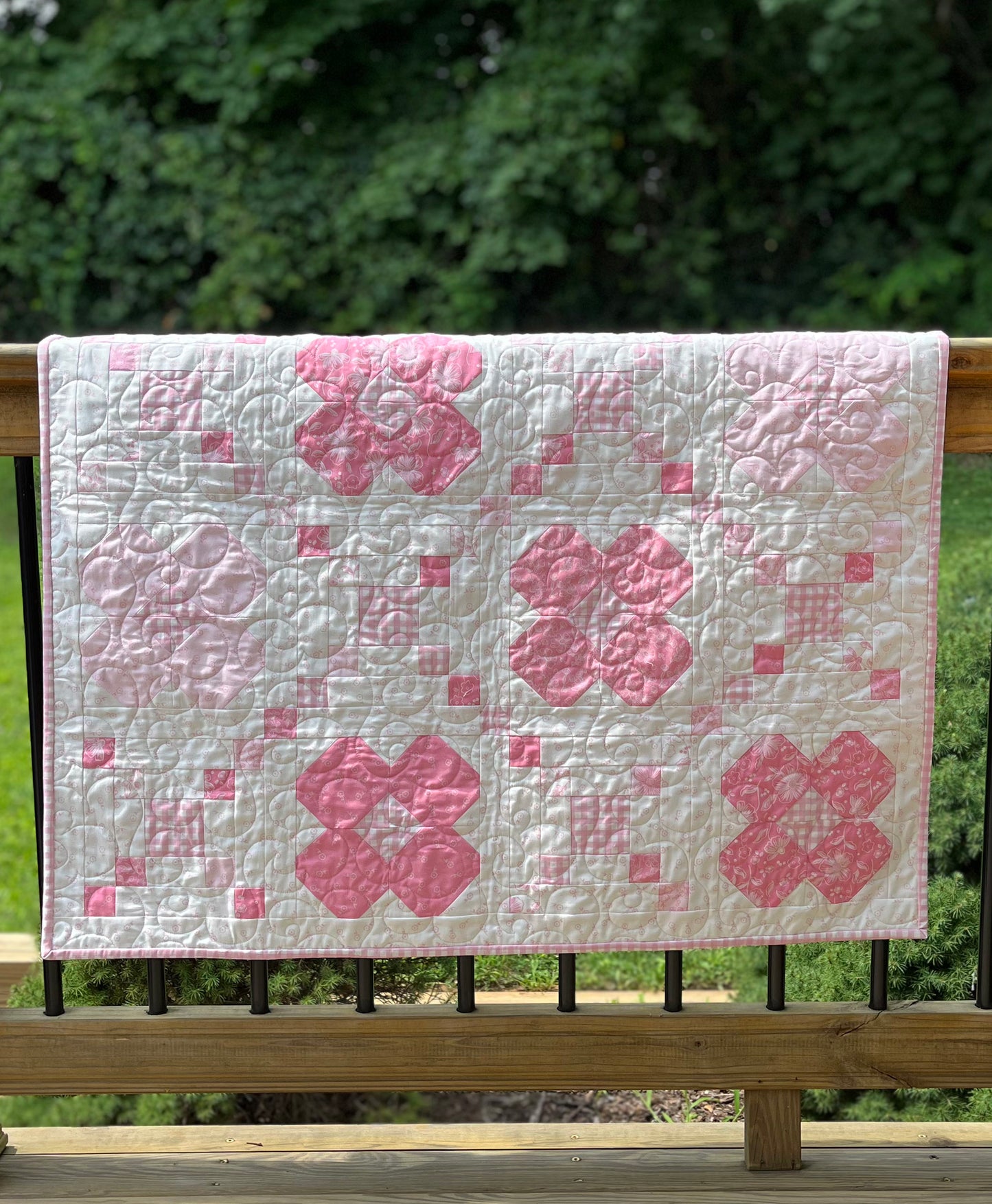 Handmade Baby Girl Quilt - Pink Flowers and Gingham (37"x37") Lap, Wall Hanging