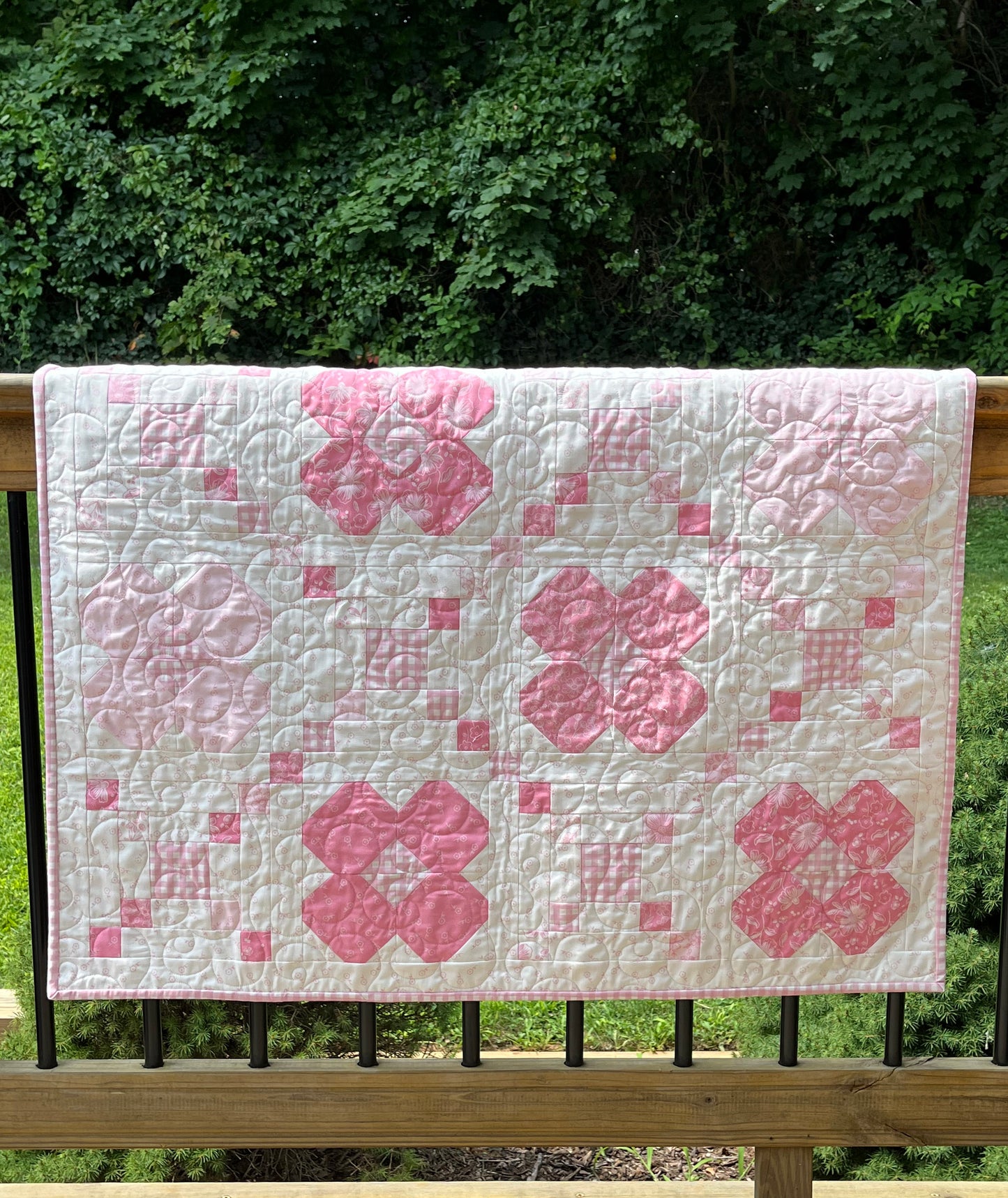 Handmade Baby Girl Quilt - Pink Flowers and Gingham (37"x37") Lap, Wall Hanging