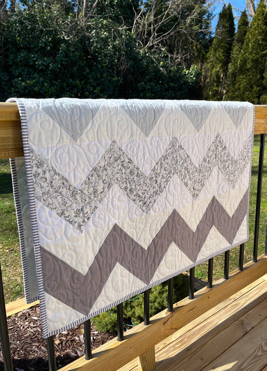 Handmade Baby Quilt in Chevron Pattern in Grey, White & Baby Blue, Chevron Baby Blanket (37x46) FREE HANDMADE BAG!