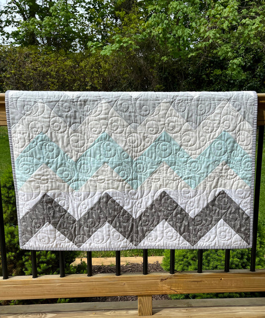 Handmade Baby Quilt in Chevron Pattern in Grey, White & Baby Blue, Chevron Baby Blanket (37x46) FREE HANDMADE BAG!