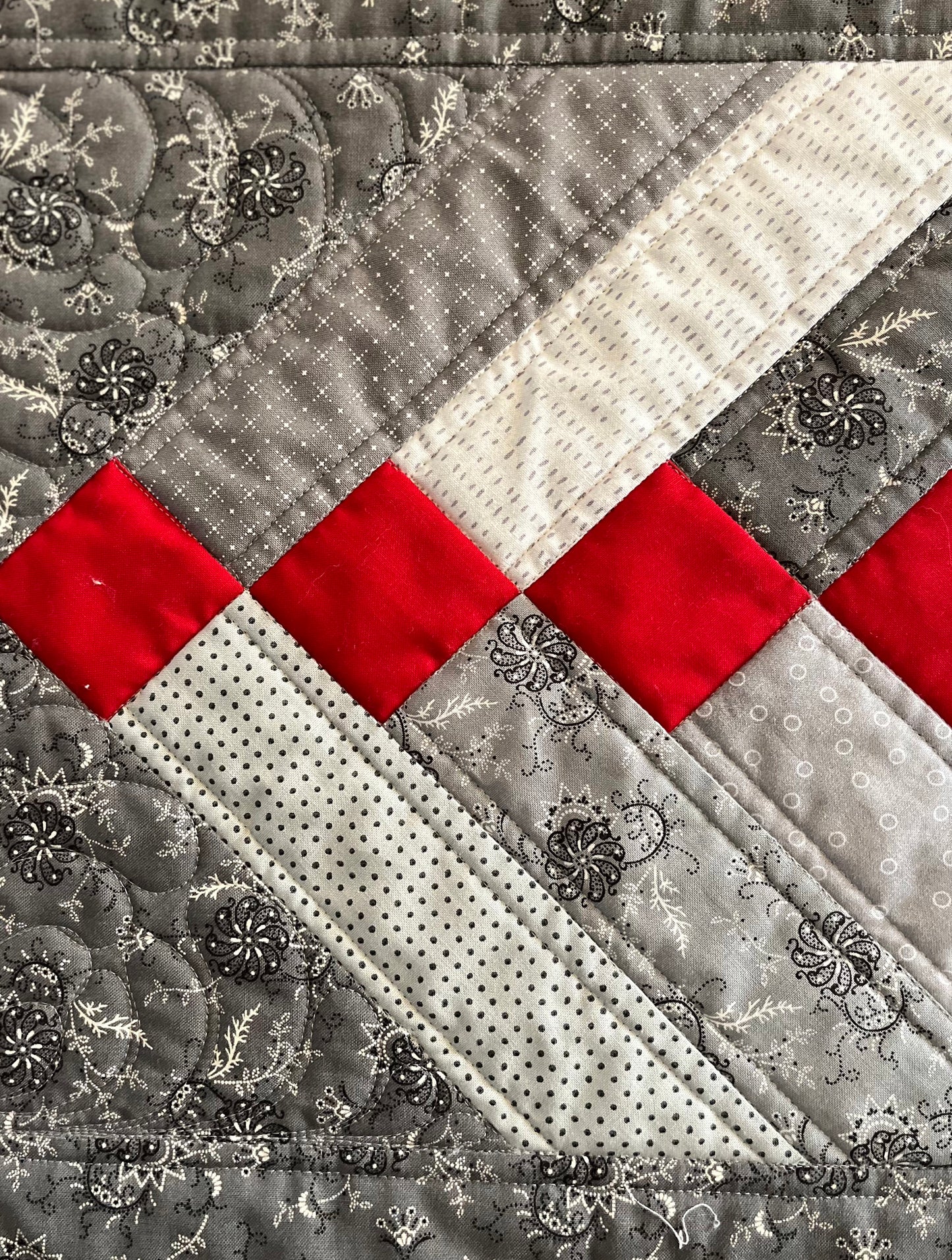 Handmade Table Runner - Grey and Red - Christmas, Holiday or Anytime Table Runner (15x57) Custom Quilted, Ready to Ship