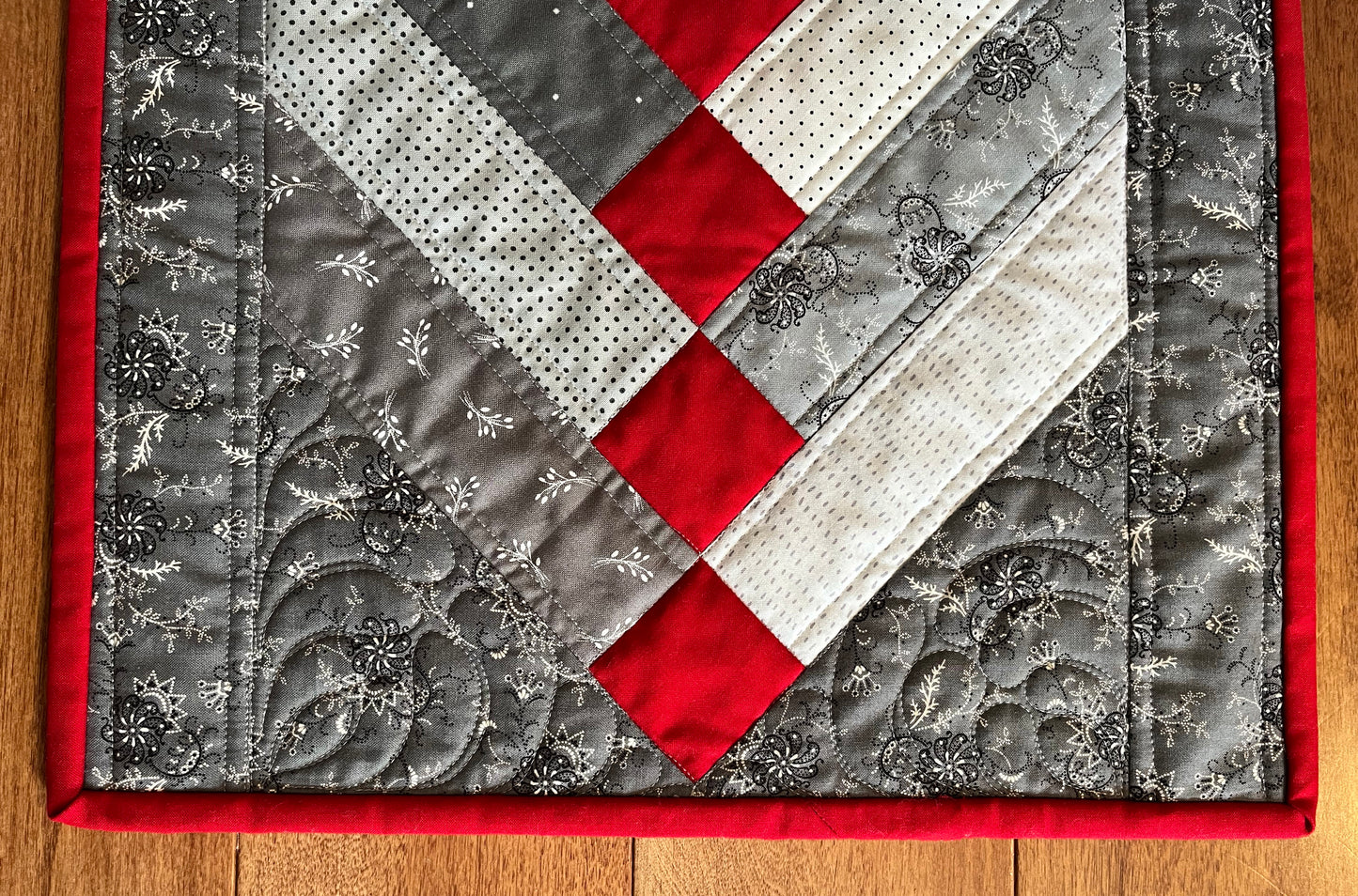 Handmade Table Runner - Grey and Red - Christmas, Holiday or Anytime Table Runner (15x57) Custom Quilted, Ready to Ship