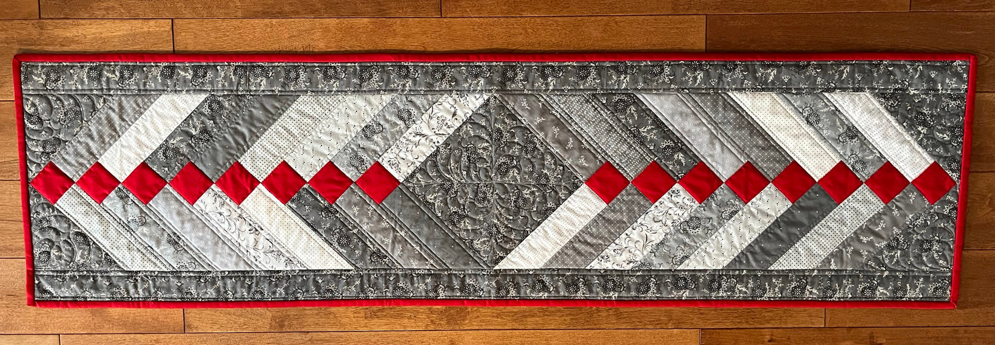 Handmade Table Runner - Grey and Red - Christmas, Holiday or Anytime Table Runner (15x57) Custom Quilted, Ready to Ship