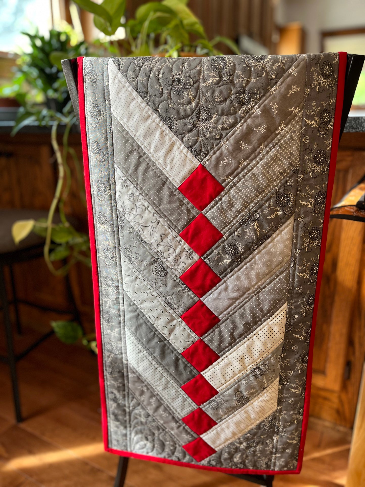 Handmade Table Runner - Grey and Red - Christmas, Holiday or Anytime Table Runner (15x57) Custom Quilted, Ready to Ship