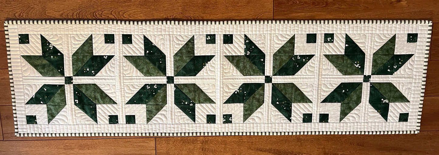 Christmas Table Runner - Green Star - Handmade, Custom Quilted - 15"x54" - Ready to Ship