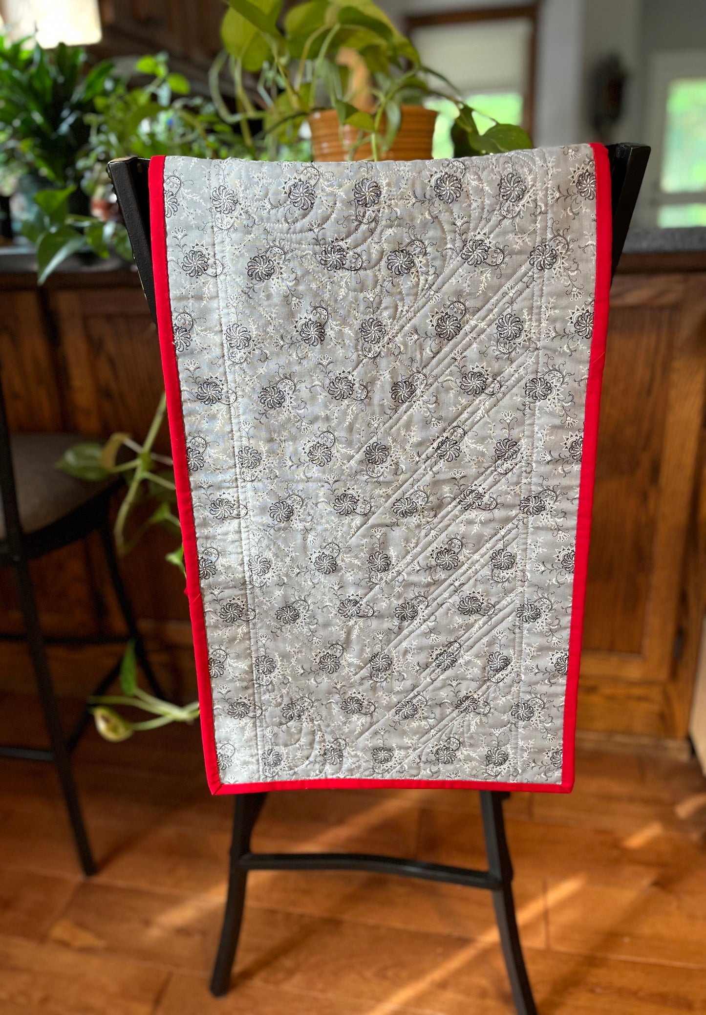 Handmade Table Runner - Grey and Red - Christmas, Holiday or Anytime Table Runner (14x44), Custom Quilted, Ready to Ship